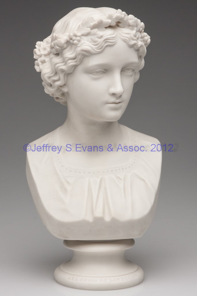 COPELAND PARIAN PORCELAIN BUST OF THE MAY QUEEN ON: COPELAND PARIAN PORCELAIN BUST OF THE MAY QUEEN ON A SOCLE BASE, white, head with braids and looking ahead, the figure impressed marked to the back "MAY QUEEN / CERAMIC AND CRYSTAL PALACE ART UNION / 