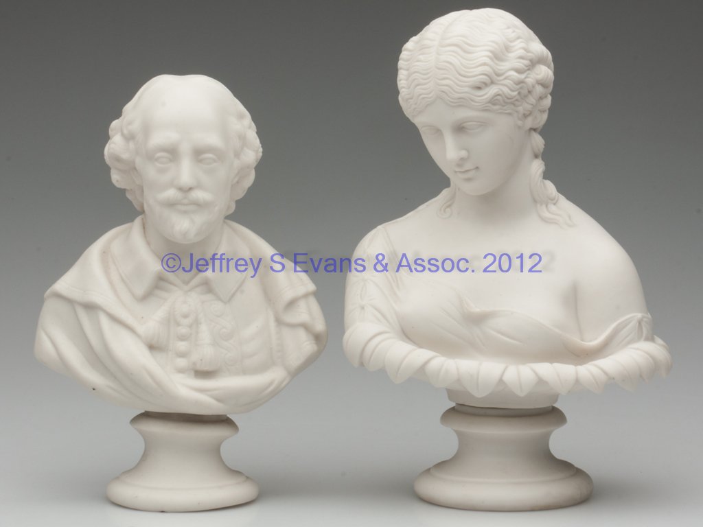 PARIAN PORCELAIN FIGURAL BUSTS, LOT OF TWO: PARIAN PORCELAIN FIGURAL BUSTS, LOT OF TWO, white, comprising an unmarked English figure of Clytie, probably by Robinson & Ledbetter, and a marked Bing and Grundahl figure of Shakespeare as a young ma