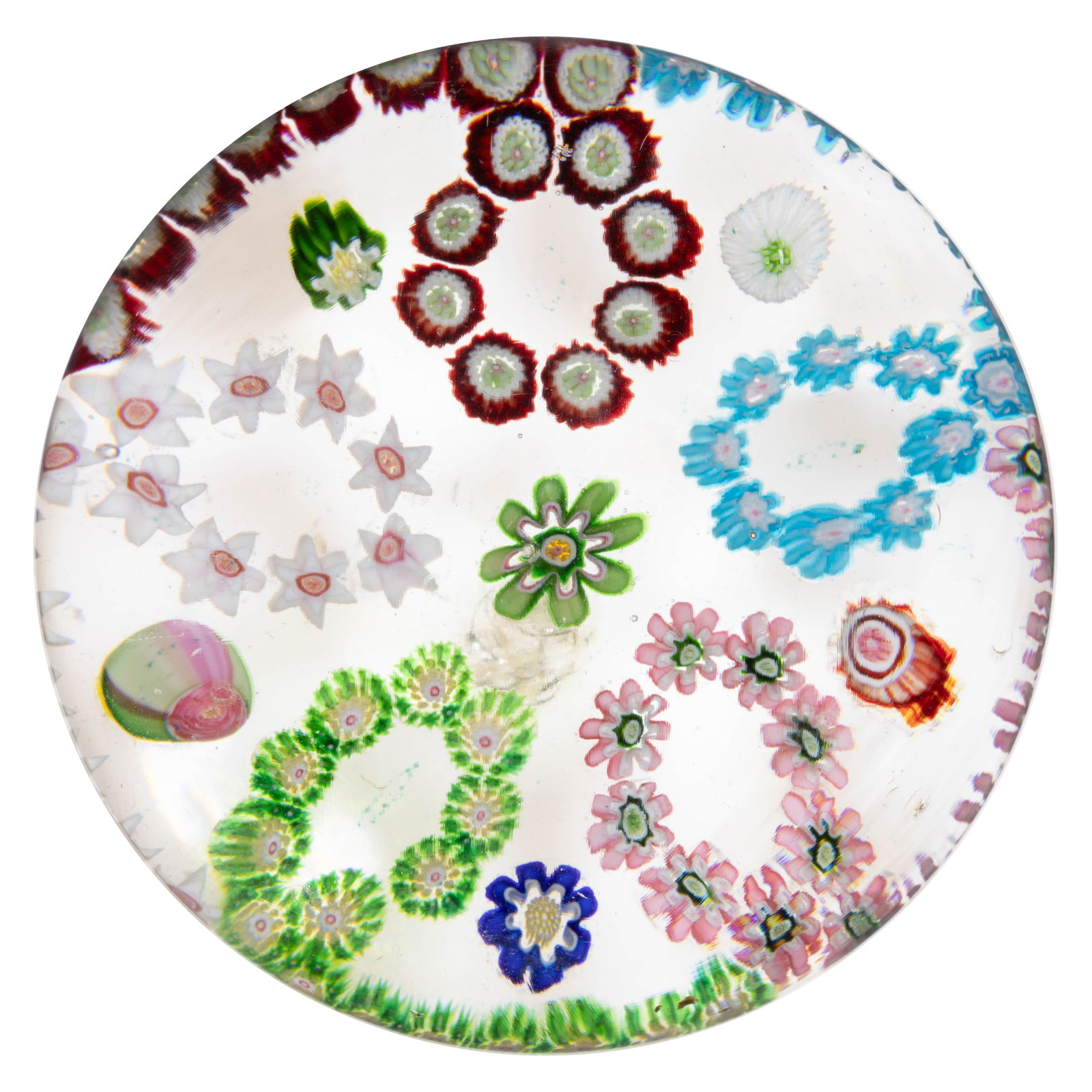 ANTIQUE CLICHY CINQUEFOIL MILLEFIORI ART GLASS MAGNUM PAPERWEIGHT: ANTIQUE CLICHY CINQUEFOIL MILLEFIORI ART GLASS MAGNUM PAPERWEIGHT, central green cog encircled by a cinquefoil garland creating a looped chain of many varieties of colored millefiori canes including m