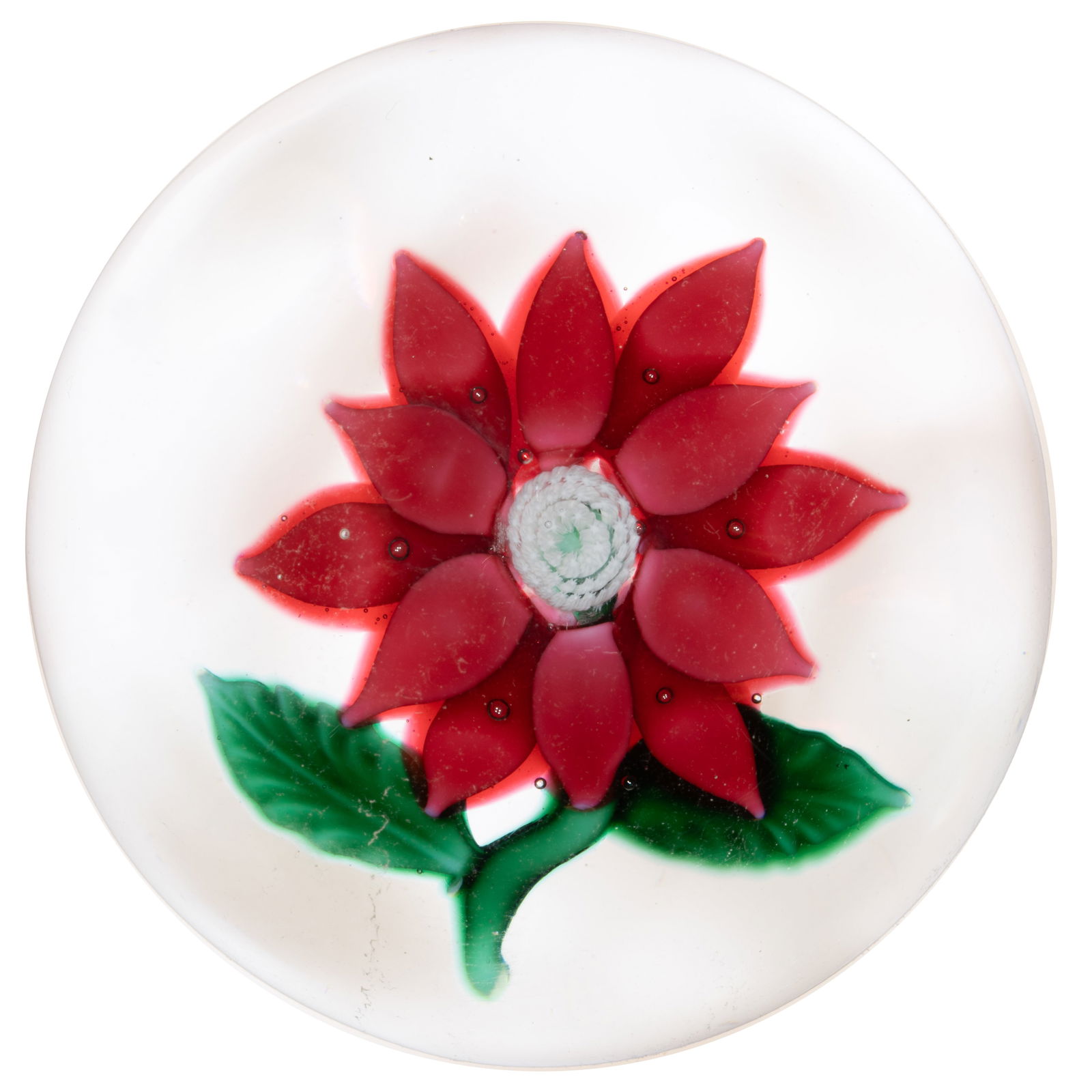 ANTIQUE SANDWICH POINSETTIA LAMPWORK ART GLASS PAPERWEIGHT (1 of 2)
