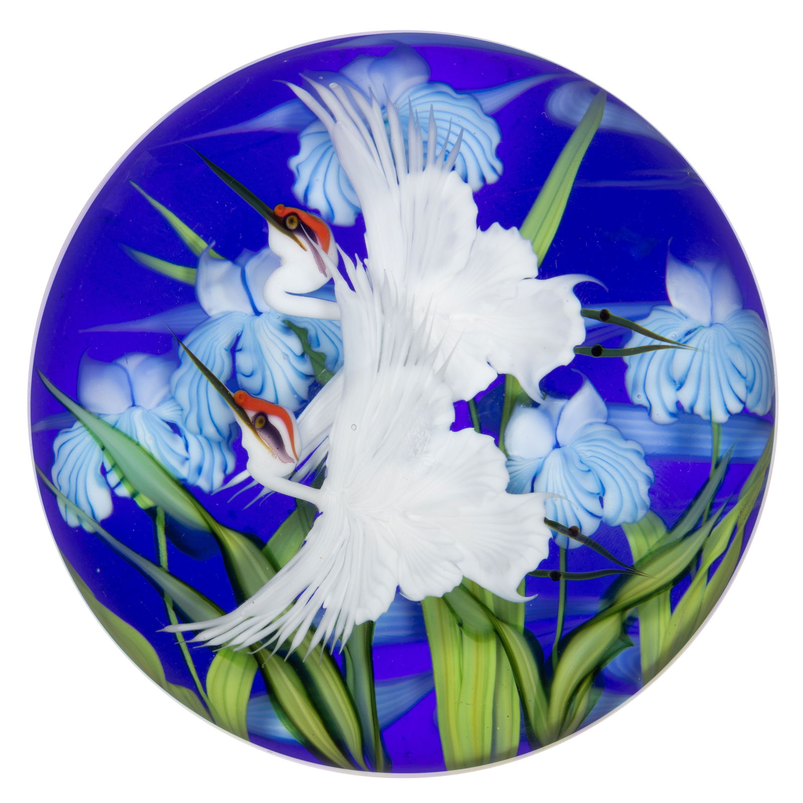 DANIEL SALAZAR (AMERICAN, B. 1956) WHITE CRANE WITH IRIS LAMPWORK STUDIO ART GLASS MAGNUM (1 of 2)