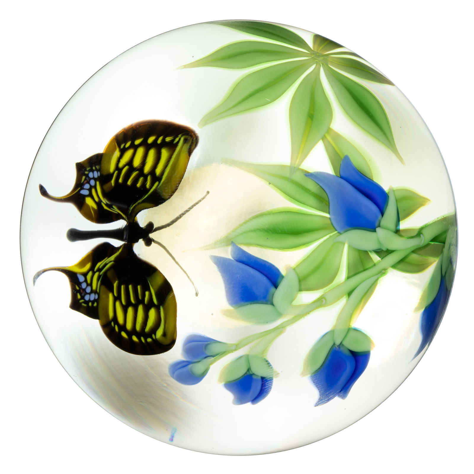 ORIENT & FLUME BUTTERFLY AND FLOWERS LAMPWORK STUDIO ART GLASS PAPERWEIGHT: ORIENT & FLUME BUTTERFLY AND FLOWERS LAMPWORK STUDIO ART GLASS PAPERWEIGHT, yellow and black butterfly flying towards a spire of six blue flowers, with two clusters of six green leaves below, each