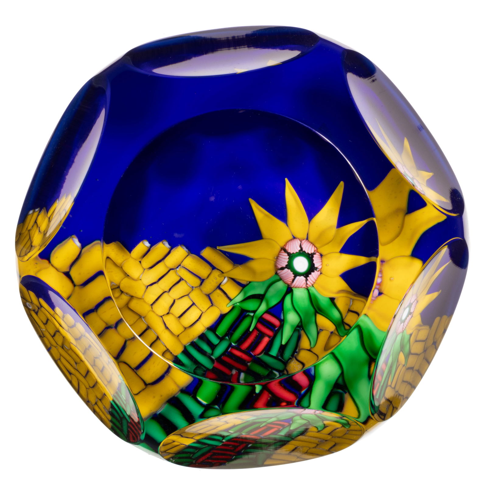 VINTAGE SAINT-LOUIS SUNFLOWER AND MOSAIC LAMPWORK AND MILLEFIORI ART GLASS PAPERWEIGHT: VINTAGE SAINT-LOUIS SUNFLOWER AND MOSAIC LAMPWORK AND MILLEFIORI ART GLASS PAPERWEIGHT, cut-faceted with a circular top window, single sunflower with yellow petals and a central pink millefiori cane,