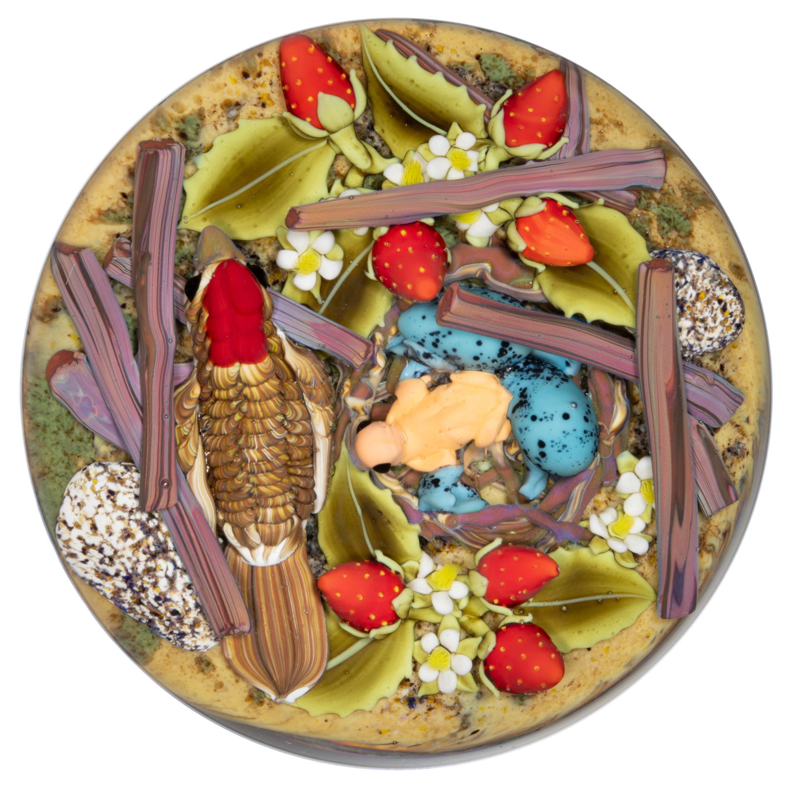 CLINTON SMITH (AMERICAN, B. 1979) BIRD IN NEST WITH STRAWBERRIES LAMPWORK STUDIO ART GLASS (1 of 2)