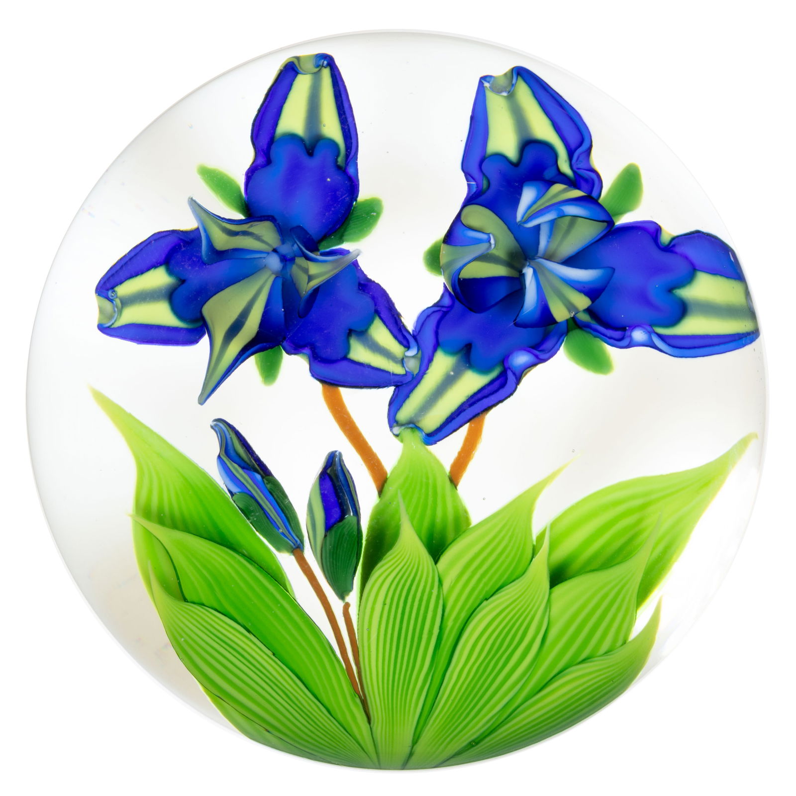 STEVEN LUNDBERG (AMERICAN, 1953-2008) UPRIGHT FLOWERS LAMPWORK STUDIO ART GLASS PAPERWEIGHT: STEVEN LUNDBERG (AMERICAN, 1953-2008) UPRIGHT FLOWERS LAMPWORK STUDIO ART GLASS PAPERWEIGHT, two large blue and yellow flowers with three upright petals, two matching buds below, flowers and buds rais