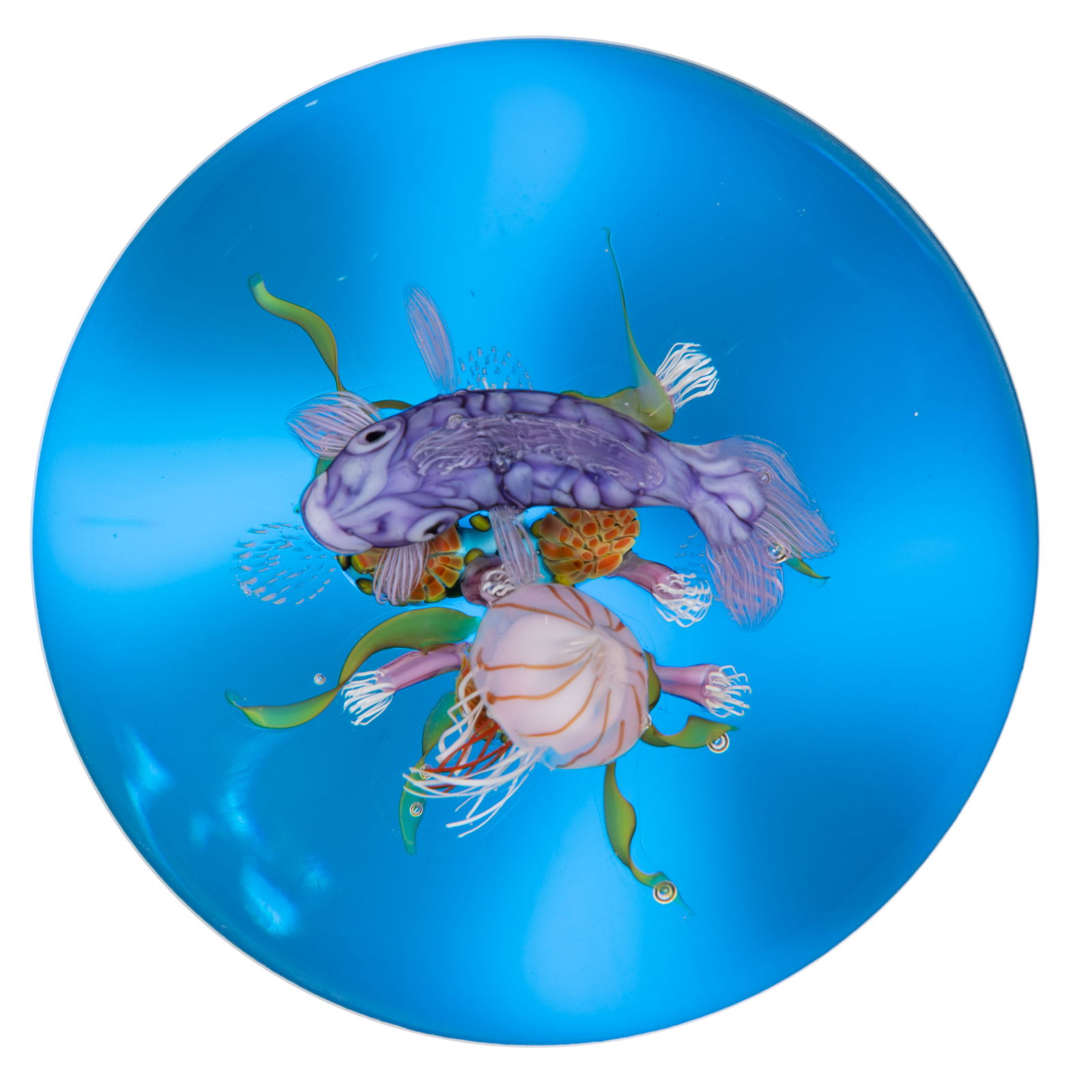 KEN ROSENFELD (AMERICAN, B. 1950) FISH AND JELLYFISH SEASCAPE LAMPWORK STUDIO ART GLASS PAPERWEIGHT (1 of 3)