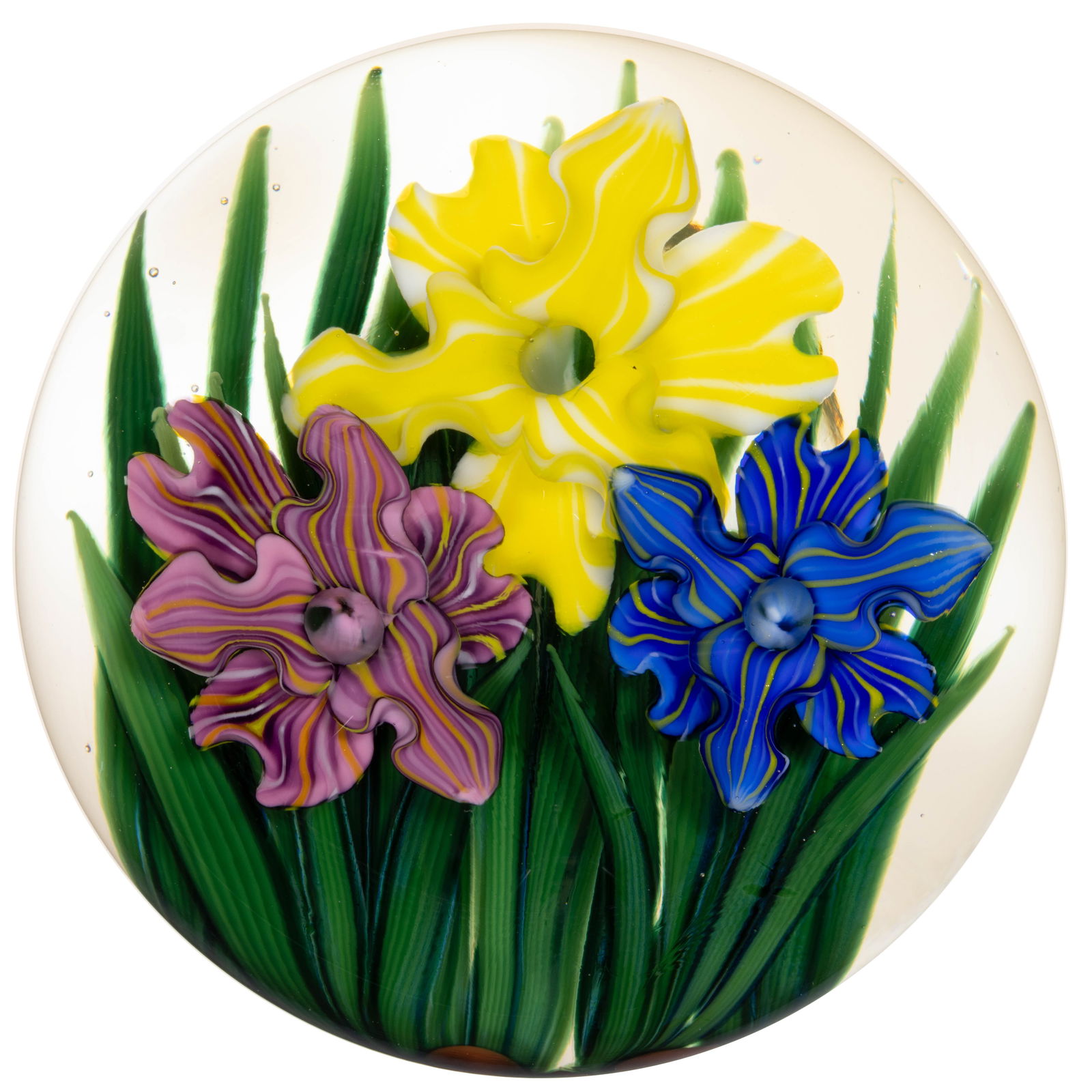 STEVEN LUNDBERG (AMERICAN, 1953-2008) FLOWERS IN GRASS LAMPWORK STUDIO ART GLASS PAPERWEIGHT (1 of 2)