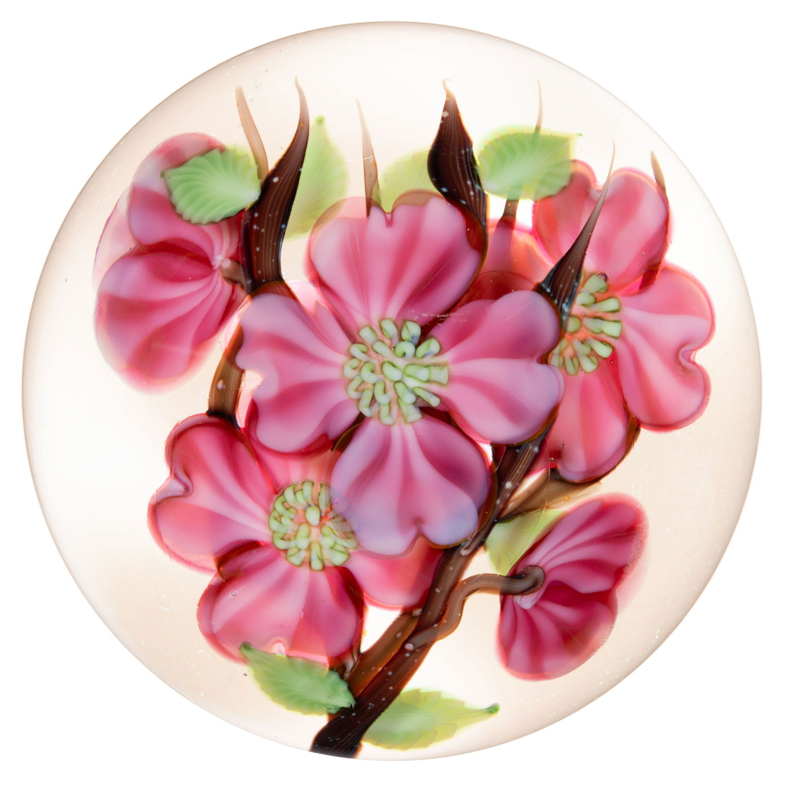 GREG HELD (AMERICAN, 1951-1999) APPLE BLOSSOMS LAMPWORK STUDIO ART GLASS PAPERWEIGHT: GREG HELD (AMERICAN, 1951-1999) APPLE BLOSSOMS LAMPWORK STUDIO ART GLASS PAPERWEIGHT, compound example, two layers of brown branches supporting a total of five pink apple blossoms and seven green leav