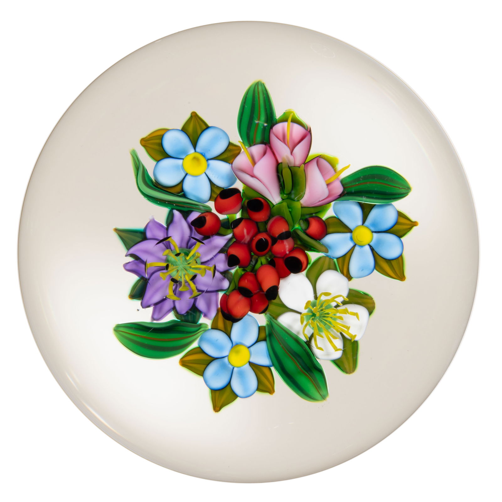 KEN ROSENFELD (AMERICAN, B. 1950) MIXED BOUQUET LAMPWORK STUDIO ART GLASS PEDESTAL PAPERWEIGHT (1 of 2)