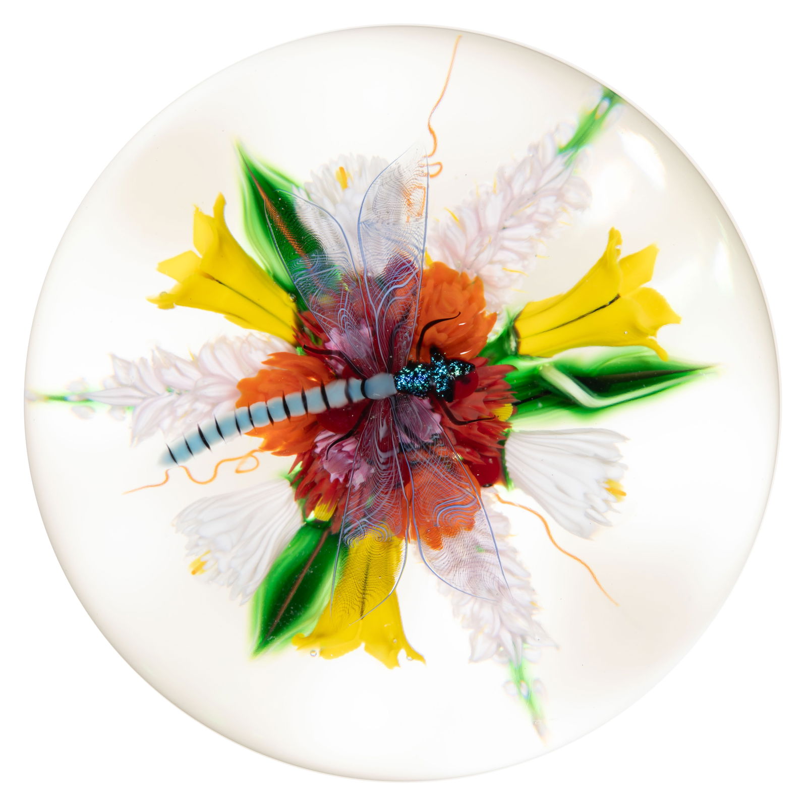 RICHARD LOESEL (FRENCH, B. 1963) DRAGONFLY AND FLORAL BOUQUET LAMPWORK STUDIO ART GLASS PAPERWEIGHT (1 of 2)