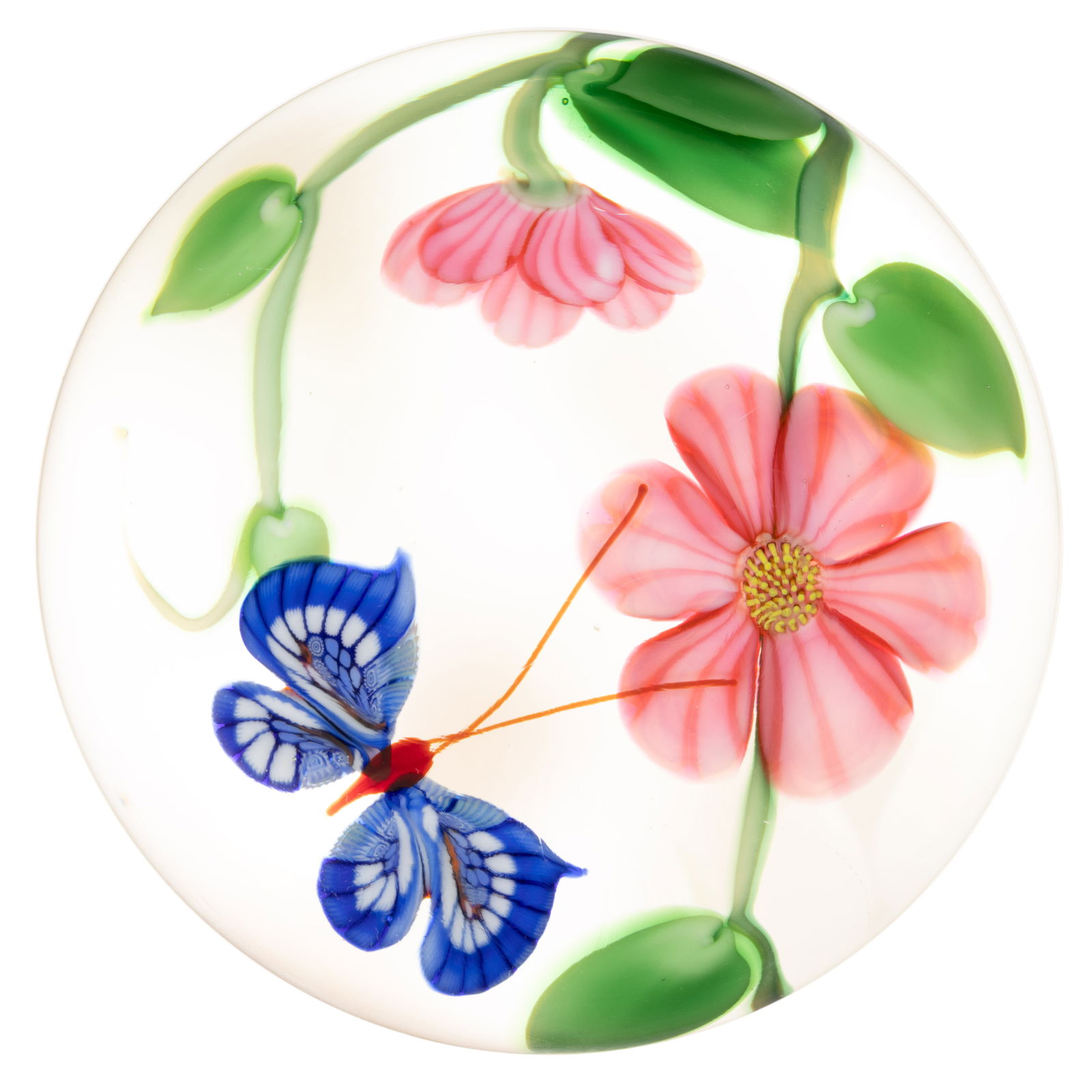 SCOTT BEYERS (AMERICAN, XX/XXI) FIRST BUTTERFLY AND FLOWER LAMPWORK STUDIO ART GLASS PAPERWEIGHT (1 of 2)