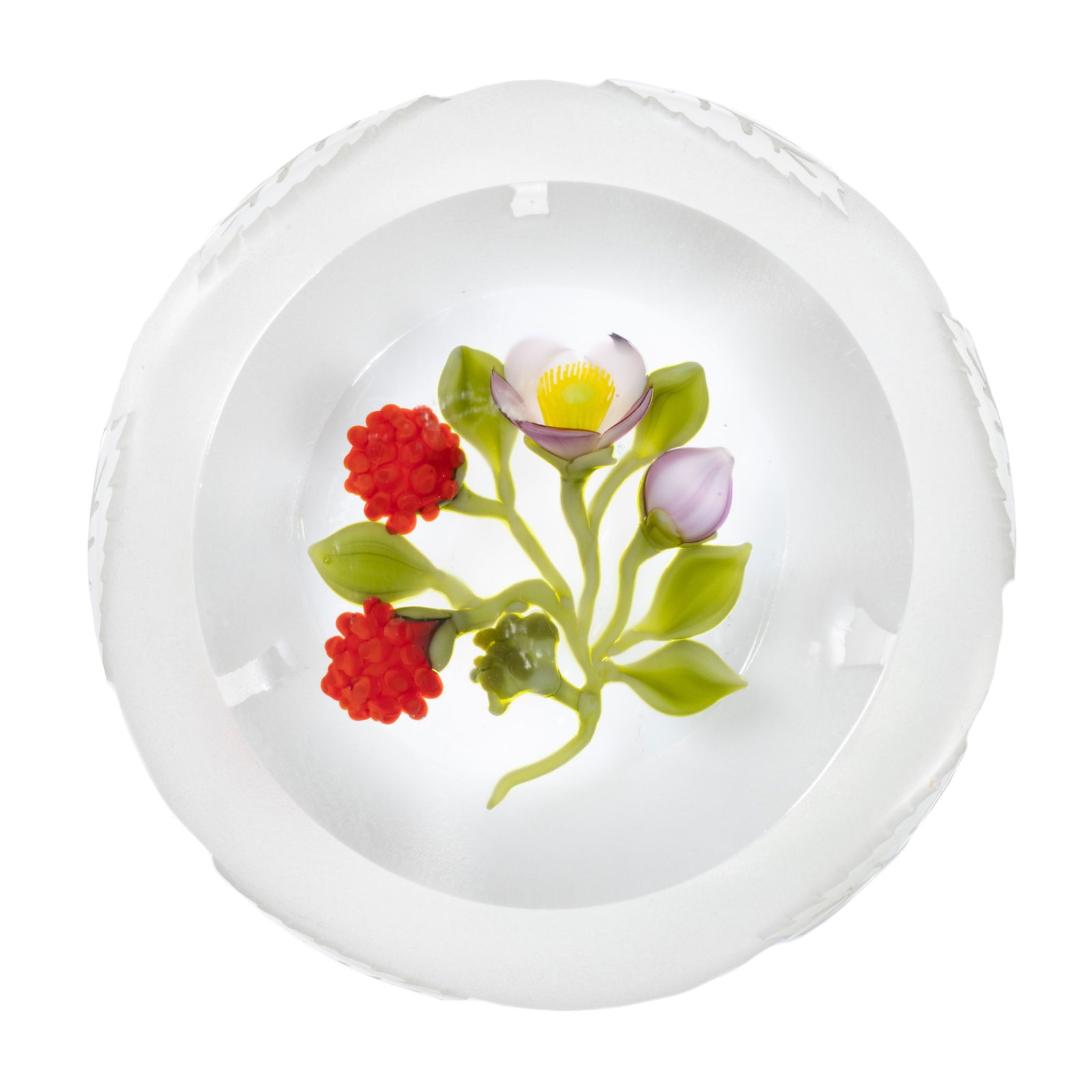 VICTOR TRABUCCO (AMERICAN, B. 1949) FLORAL BOUQUET LAMPWORK STUDIO ART GLASS MINIATURE PAPERWEIGHT: VICTOR TRABUCCO (AMERICAN, B. 1949) FLORAL BOUQUET LAMPWORK STUDIO ART GLASS MINIATURE PAPERWEIGHT, frosted colorless exterior with carved foliate decoration/pattern, top circular window fea
