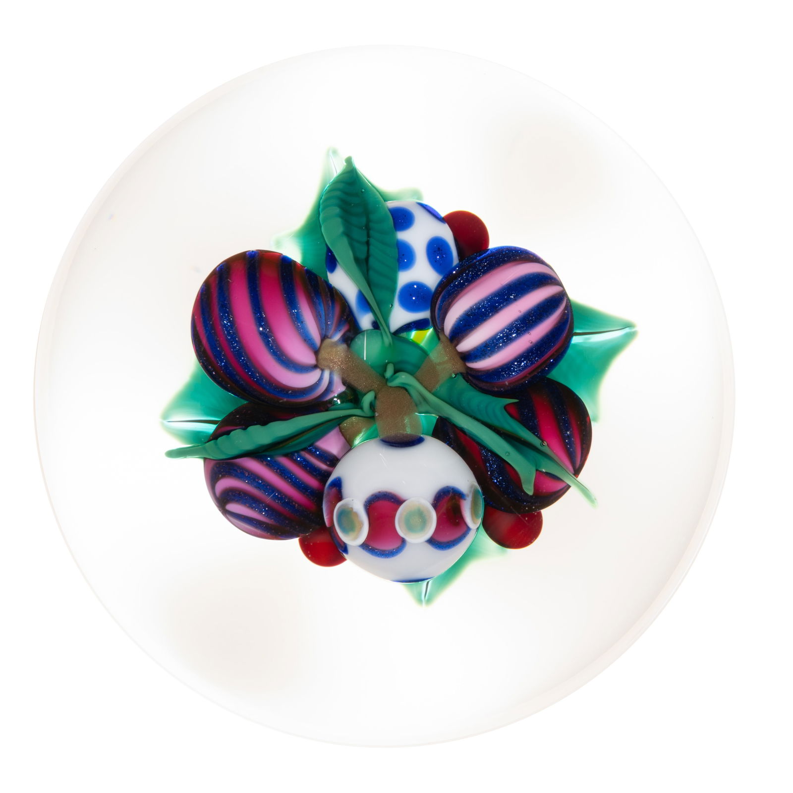 KEN ROSENFELD (AMERICAN, B. 1950) CHRISTMAS FRUIT BOUQUET LAMPWORK STUDIO ART GLASS PAPERWEIGHT (1 of 2)