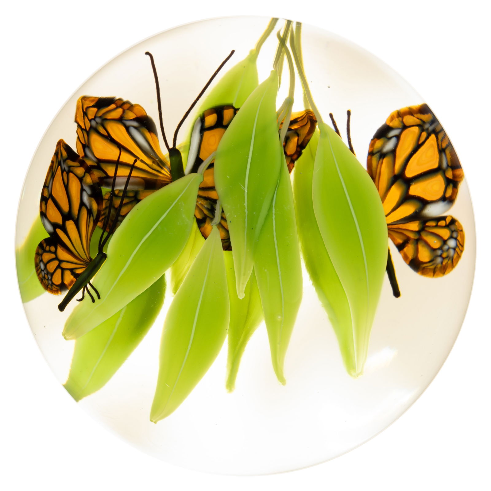 STEVEN LUNDBERG (AMERICAN, 1953-2008) MONARCH'S MIGRATION LAMPWORK STUDIO ART GLASS PAPERWEIGHT: STEVEN LUNDBERG (AMERICAN, 1953-2008) MONARCH'S MIGRATION LAMPWORK STUDIO ART GLASS PAPERWEIGHT, double compound example, featuring three monarch butterflies with one being perched on the side of