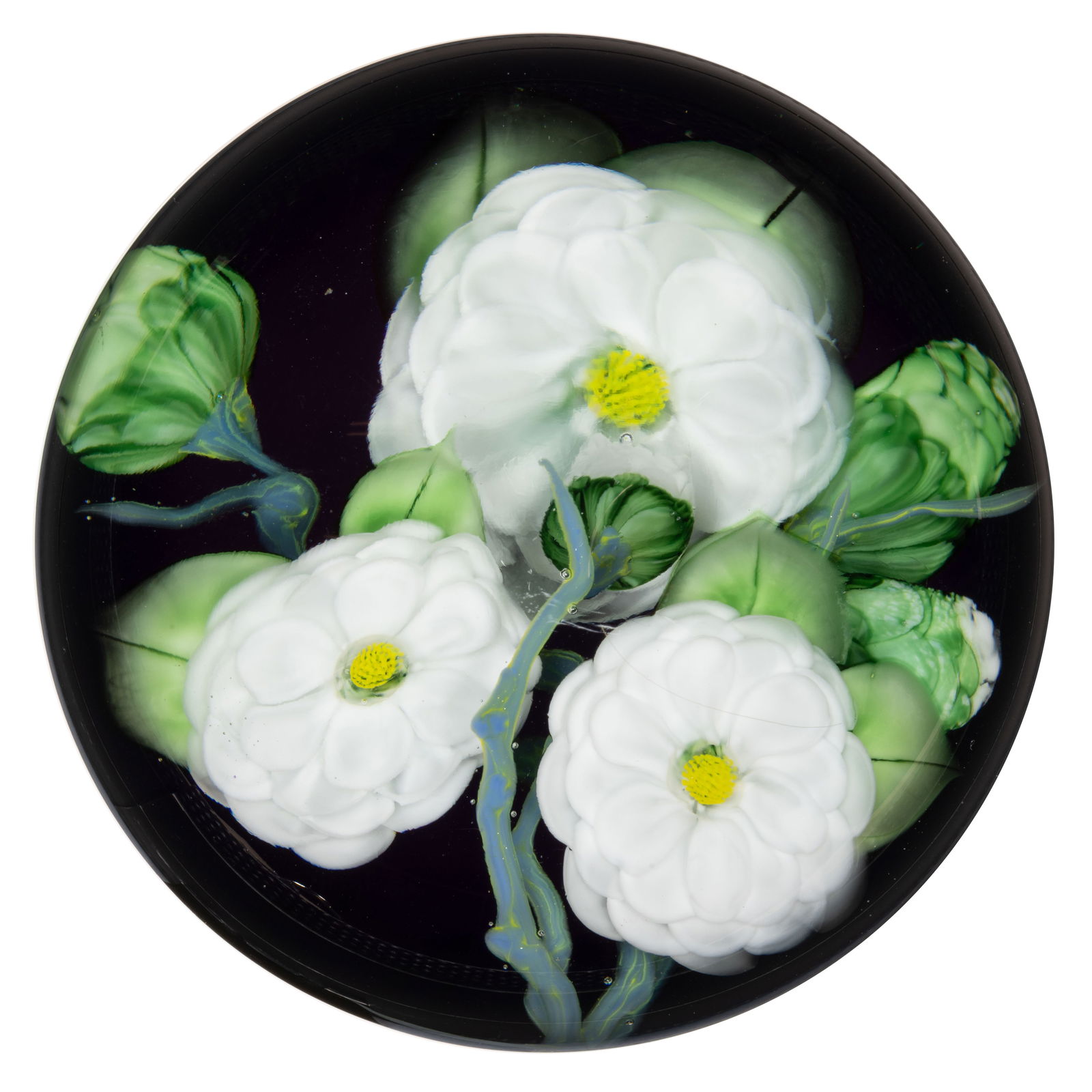 DANIEL SALAZAR (AMERICAN, B. 1956) GARDENIAS LAMPWORK STUDIO ART GLASS MAGNUM PAPERWEIGHT (1 of 2)