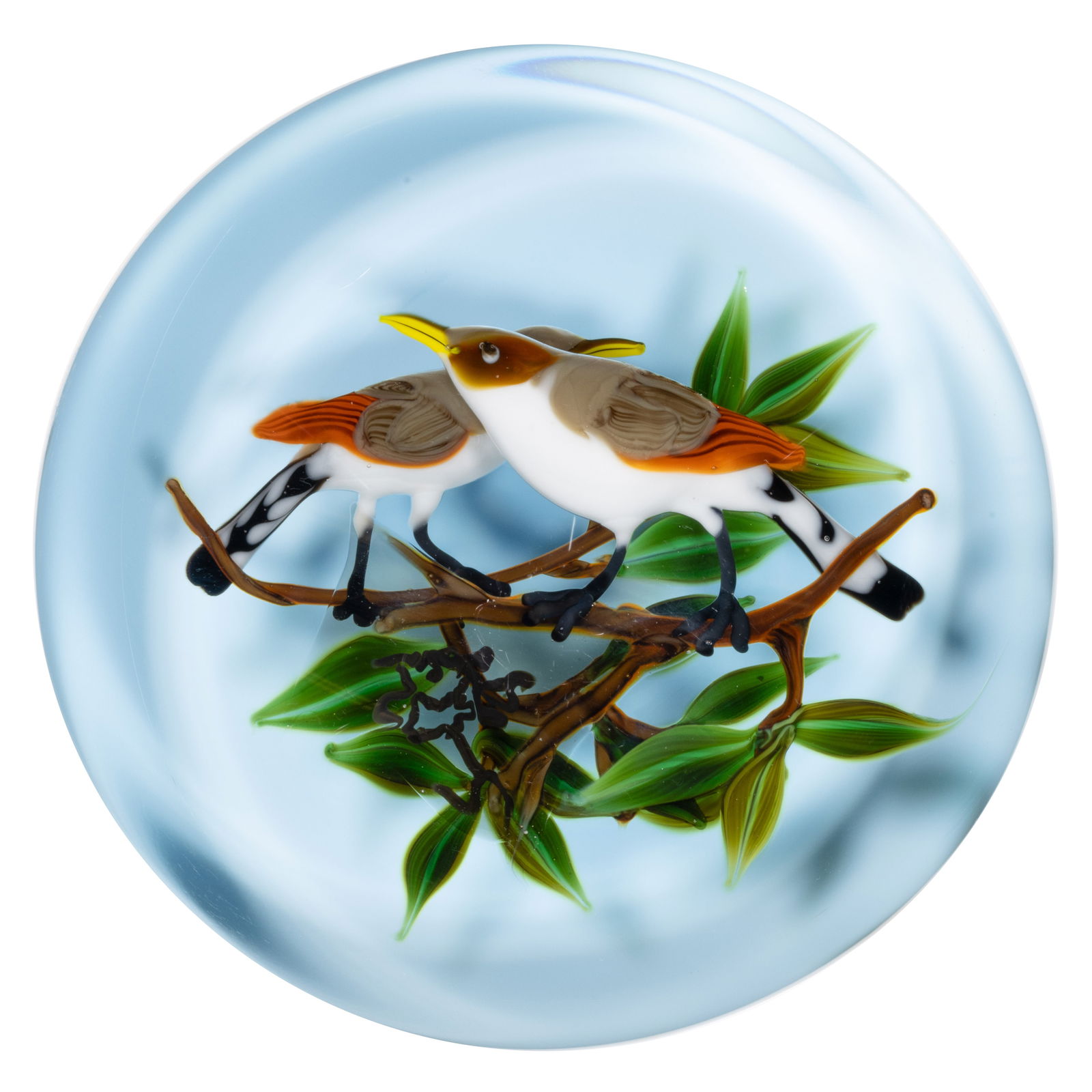 RICK AYOTTE (AMERICAN, B. 1944) NO. 1 BIRDS ON BRANCHES LAMPWORK STUDIO ART GLASS PAPERWEIGHT (1 of 2)