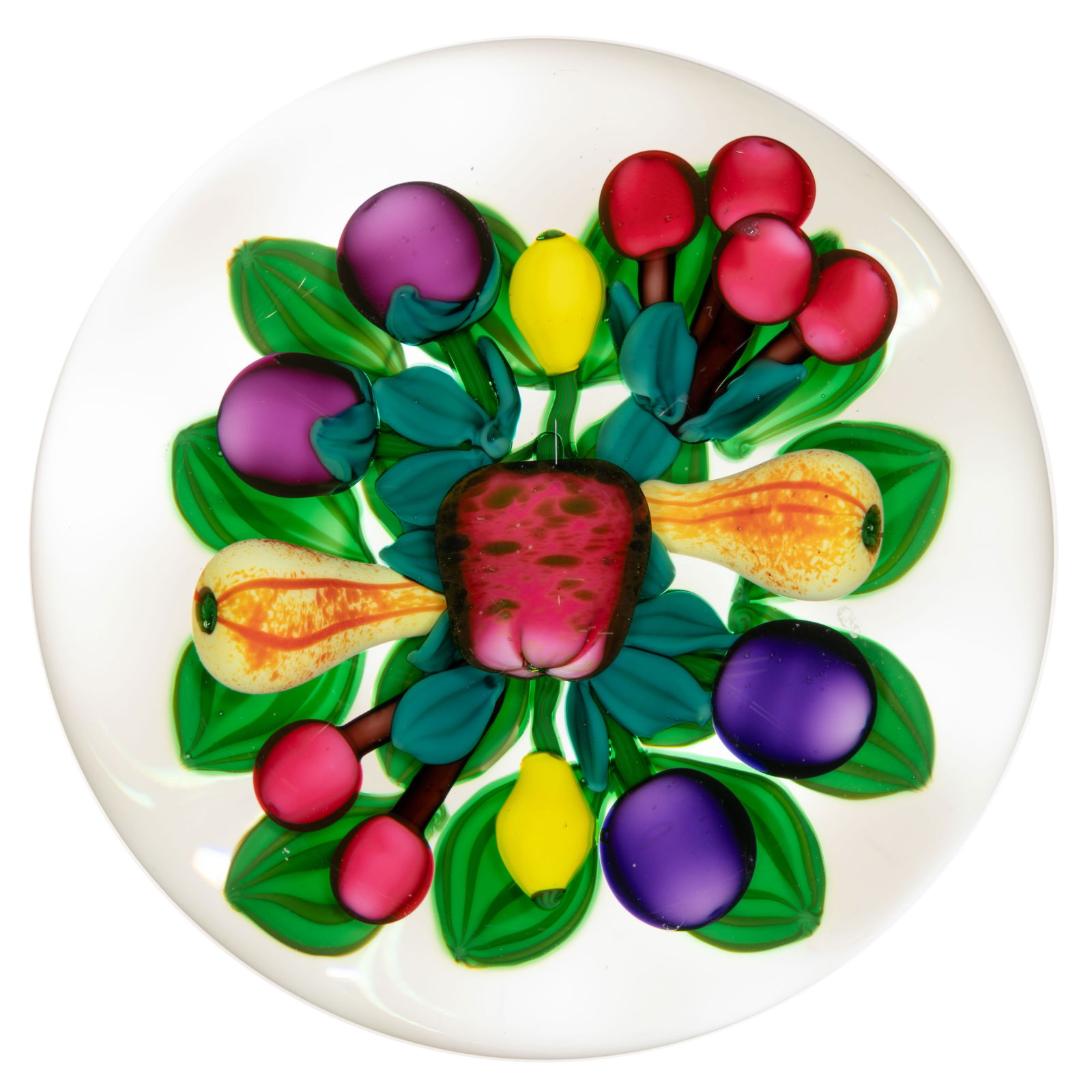 KEN ROSENFELD (AMERICAN, B. 1950) FRUIT BOUQUET LAMPWORK STUDIO ART GLASS PAPERWEIGHT (1 of 2)