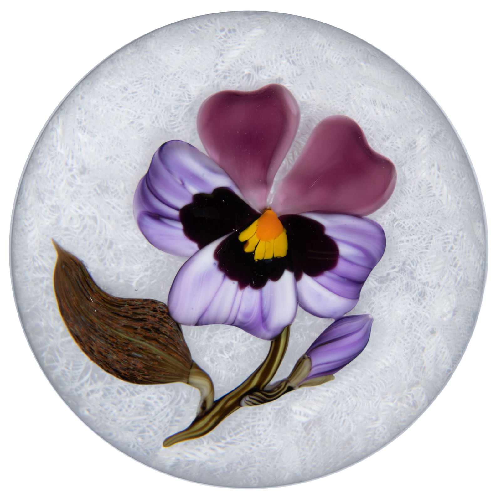 VICTOR TRABUCCO (AMERICAN, B. 1949) PANSY LAMPWORK STUDIO ART GLASS PAPERWEIGHT: VICTOR TRABUCCO (AMERICAN, B. 1949) PANSY LAMPWORK STUDIO ART GLASS PAPERWEIGHT, large single purple and black pansy with a yellow and orange interior, raised on a short-striped brown and green stem w