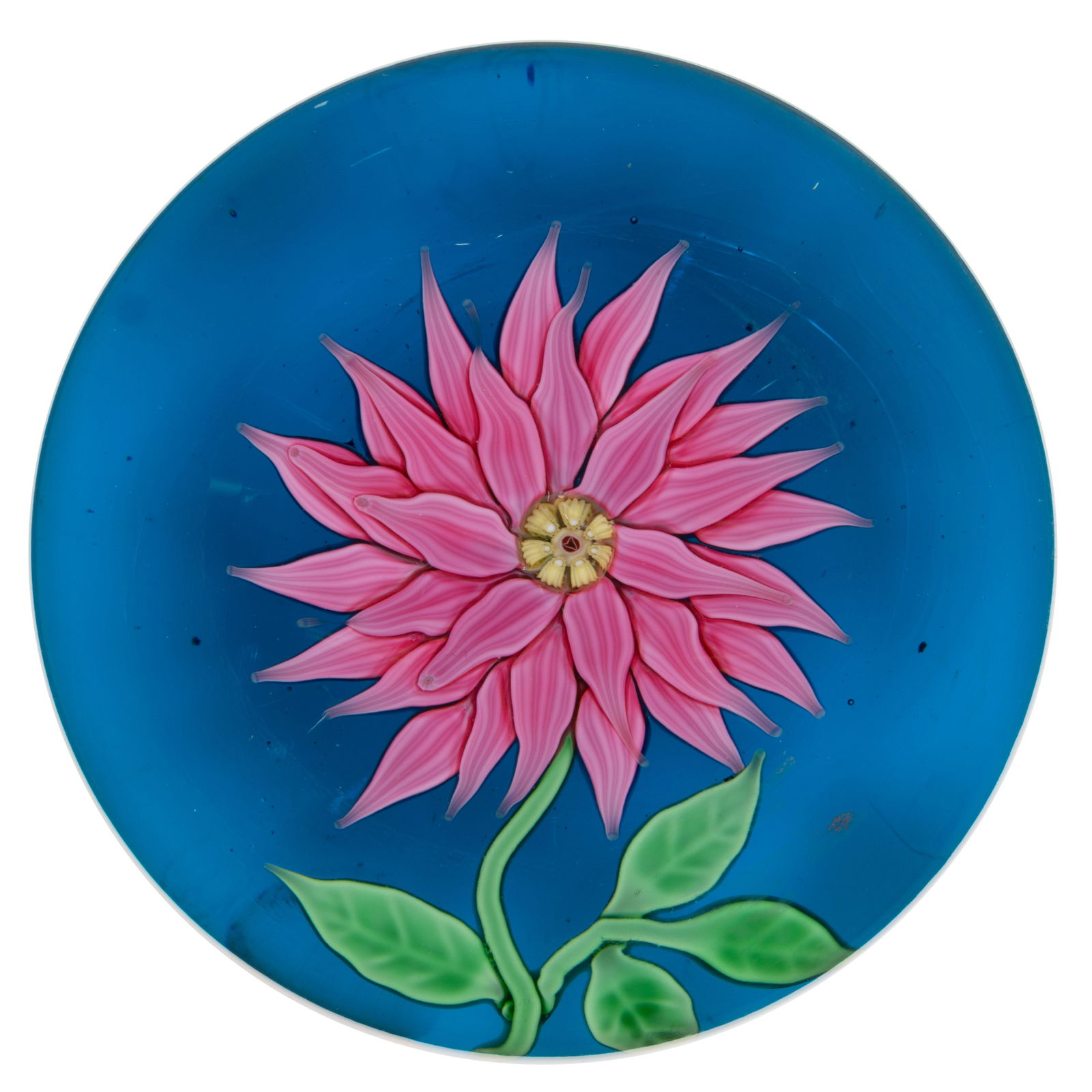 VINTAGE BACCARAT DAHLIA LAMPWORK ART GLASS PAPERWEIGHT: VINTAGE BACCARAT DAHLIA LAMPWORK ART GLASS PAPERWEIGHT, having a large central pink dahlia flower with a central yellow millefiori cane, raised on a short stem which supports four green leaves, signat