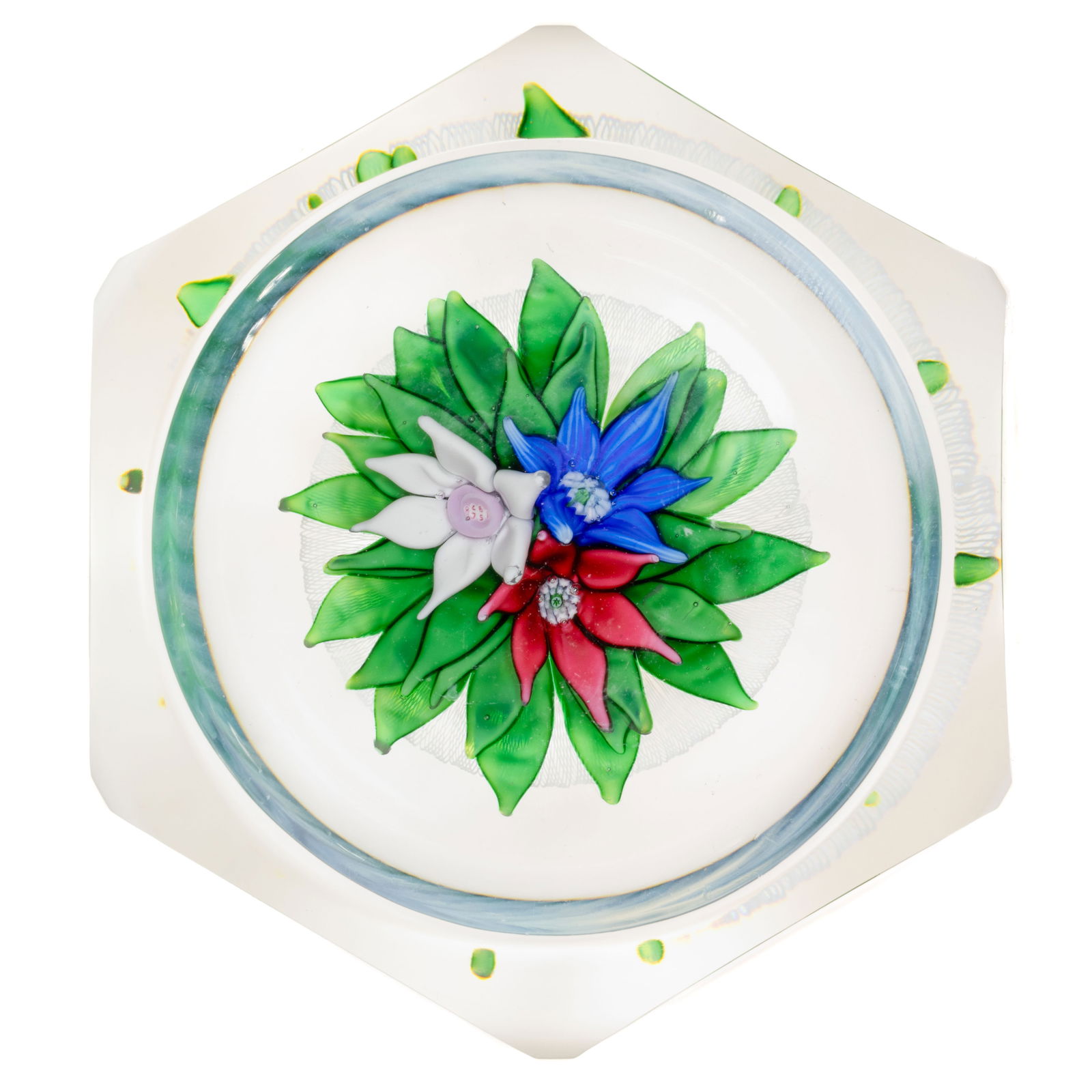 VINTAGE SAINT-LOUIS UPRIGHT BOUQUET LAMPWORK STUDIO ART GLASS PAPERWEIGHT: VINTAGE SAINT-LOUIS UPRIGHT BOUQUET LAMPWORK STUDIO ART GLASS PAPERWEIGHT, cut-faceted with a circular top window, a white, blue, and red flower all resting on a bed of green leaves, signature cane as