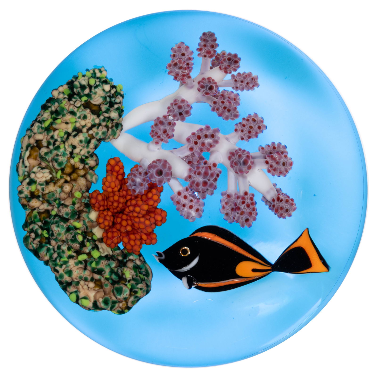 GORDON SMITH (AMERICAN, B. 1959) FISH AND CORAL LAMPWORK STUDIO ART GLASS PAPERWEIGHT: GORDON SMITH (AMERICAN, B. 1959) FISH AND CORAL LAMPWORK STUDIO ART GLASS PAPERWEIGHT, large cluster of white and pink coral spires with an adjacent cluster of orange coral, each connected to a brown