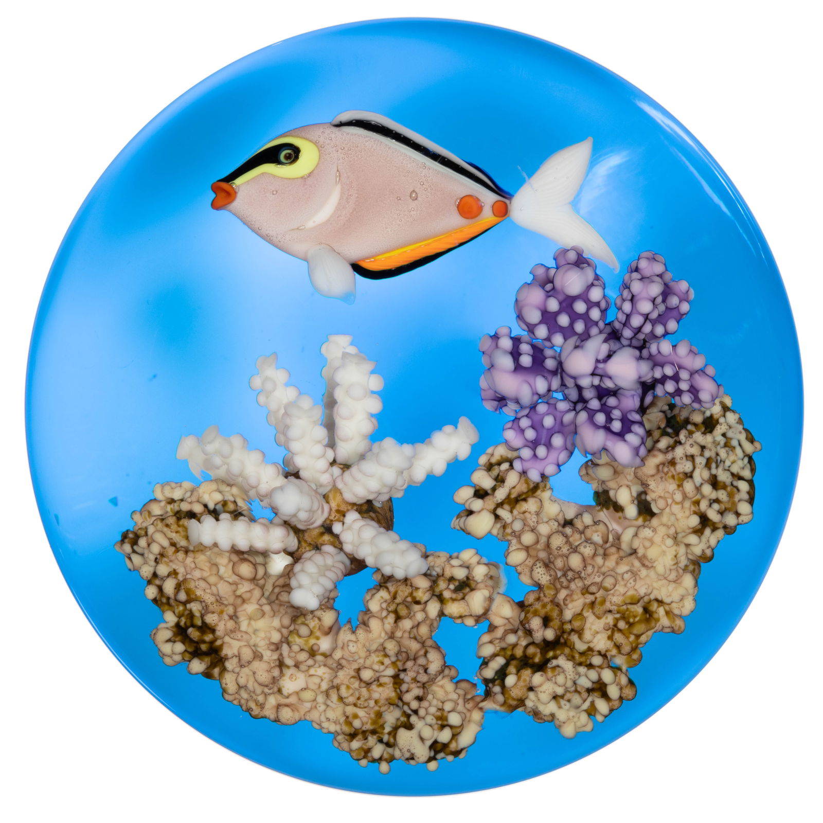 GORDON SMITH (AMERICAN, B. 1959) TANG FISH AND CORAL LAMPWORK STUDIO ART GLASS PAPERWEIGHT: GORDON SMITH (AMERICAN, B. 1959) TANG FISH AND CORAL LAMPWORK STUDIO ART GLASS PAPERWEIGHT, pale lavender, black, yellow, and orange tang fish swimming above a white and purple grouping of coral, each