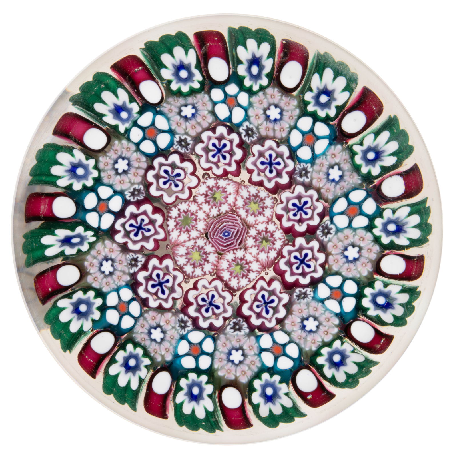 DAMON MACNAUGHT (AMERICAN, B. 1975) CONCENTRIC MILLEFIORI STUDIO ART GLASS PAPERWEIGHT: DAMON MACNAUGHT (AMERICAN, B. 1975) CONCENTRIC MILLEFIORI STUDIO ART GLASS PAPERWEIGHT, central pink Clichy-style rose encircled by four outer garlands with the interior comprised by pink and white co