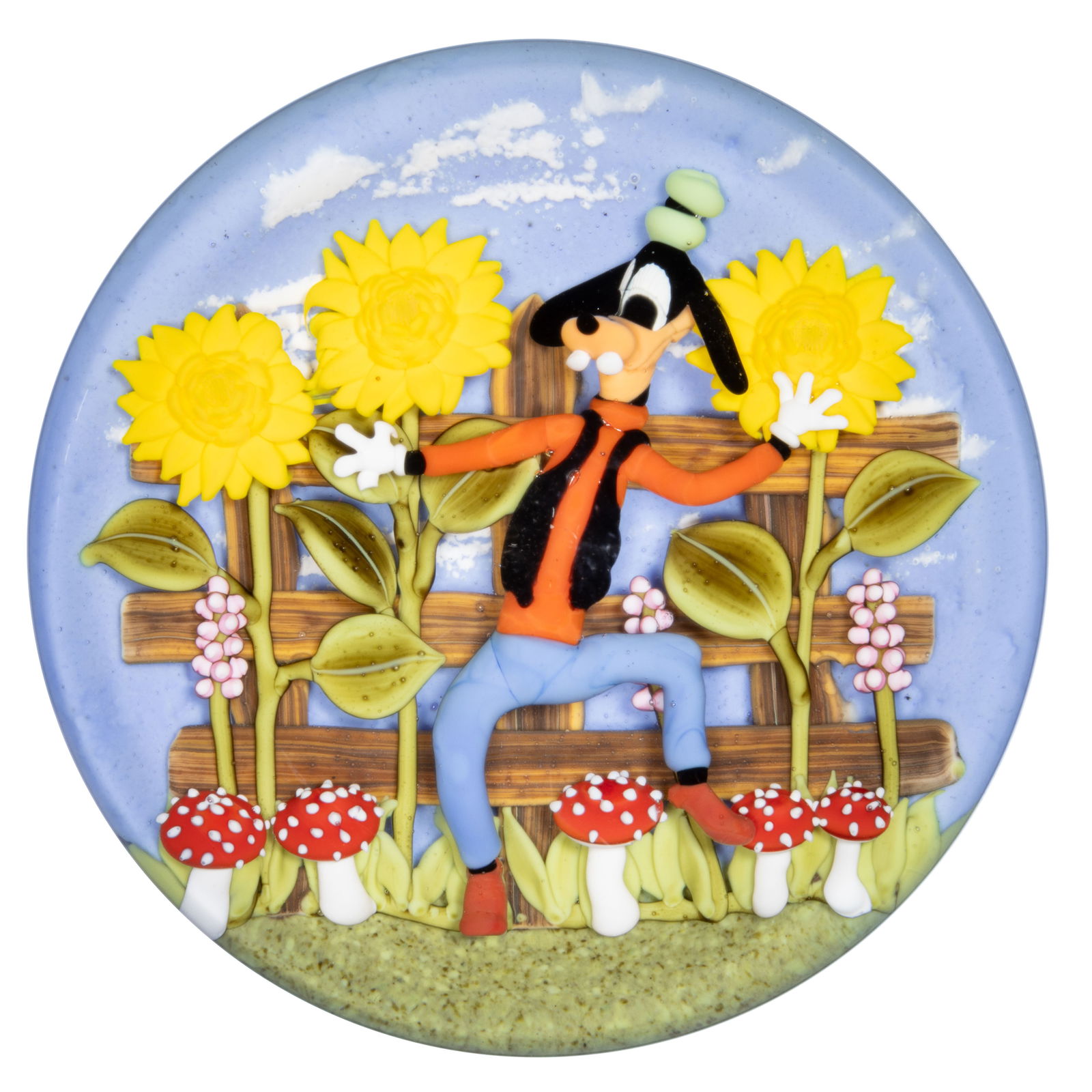 CLINTON SMITH (AMERICAN, B. 1979) GOOFY WITH SUNFLOWERS AND MUSHROOMS LAMPWORK STUDIO ART GLASS (1 of 2)