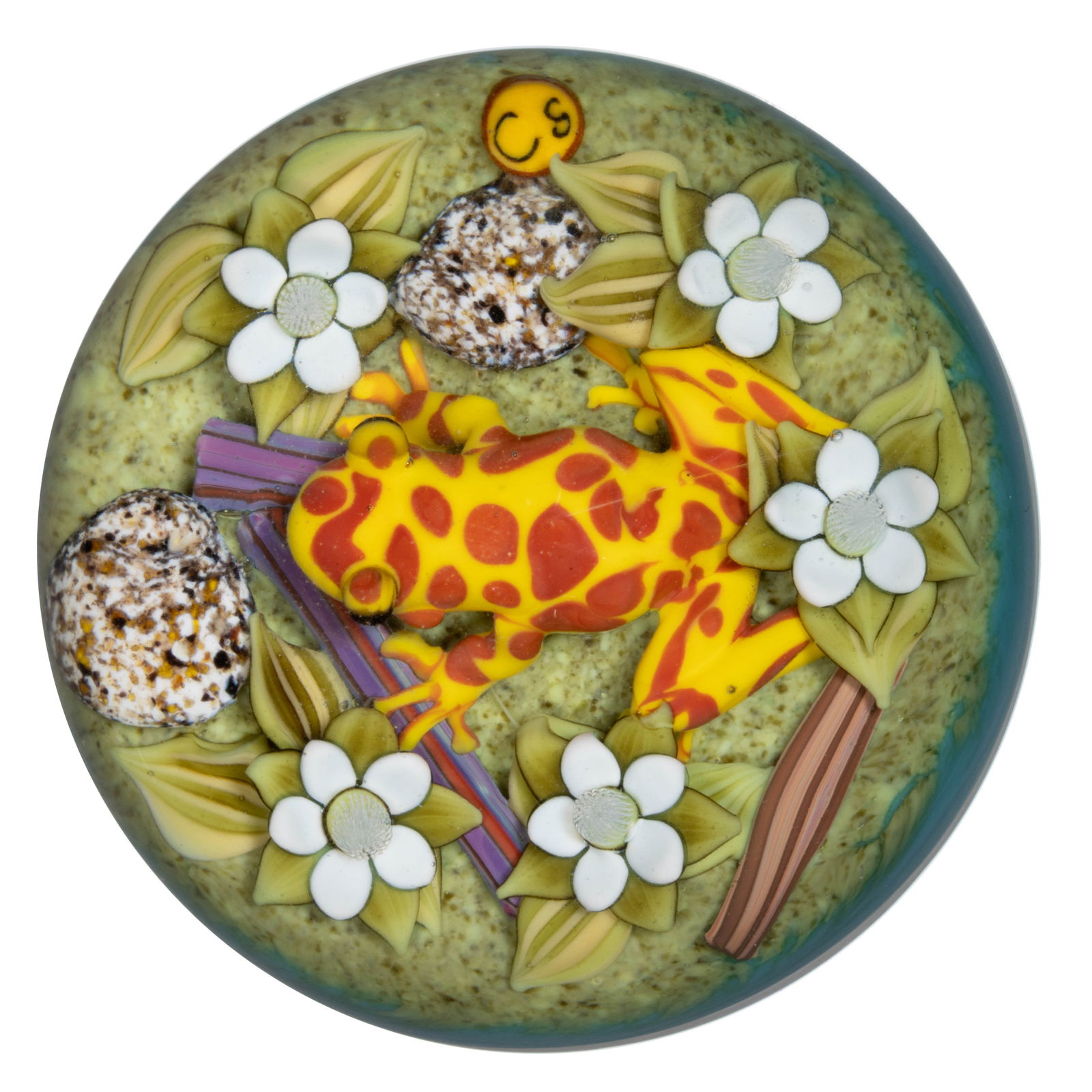 CLINTON SMITH (AMERICAN, B. 1979) FROG AND FLORAL BOUQUET DOUBLE-SIDED LAMPWORK STUDIO ART GLASS (1 of 2)