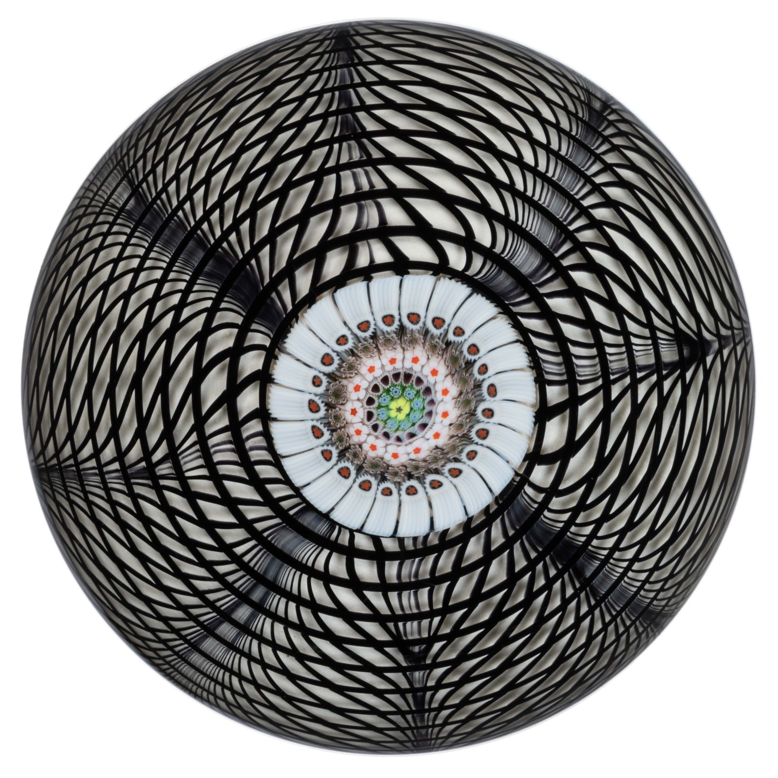 SCOTT BEYERS (AMERICAN, XX/XXI) MILLEFIORI AND PEACOCK FEATHER STUDIO ART GLASS PAPERWEIGHT (1 of 2)