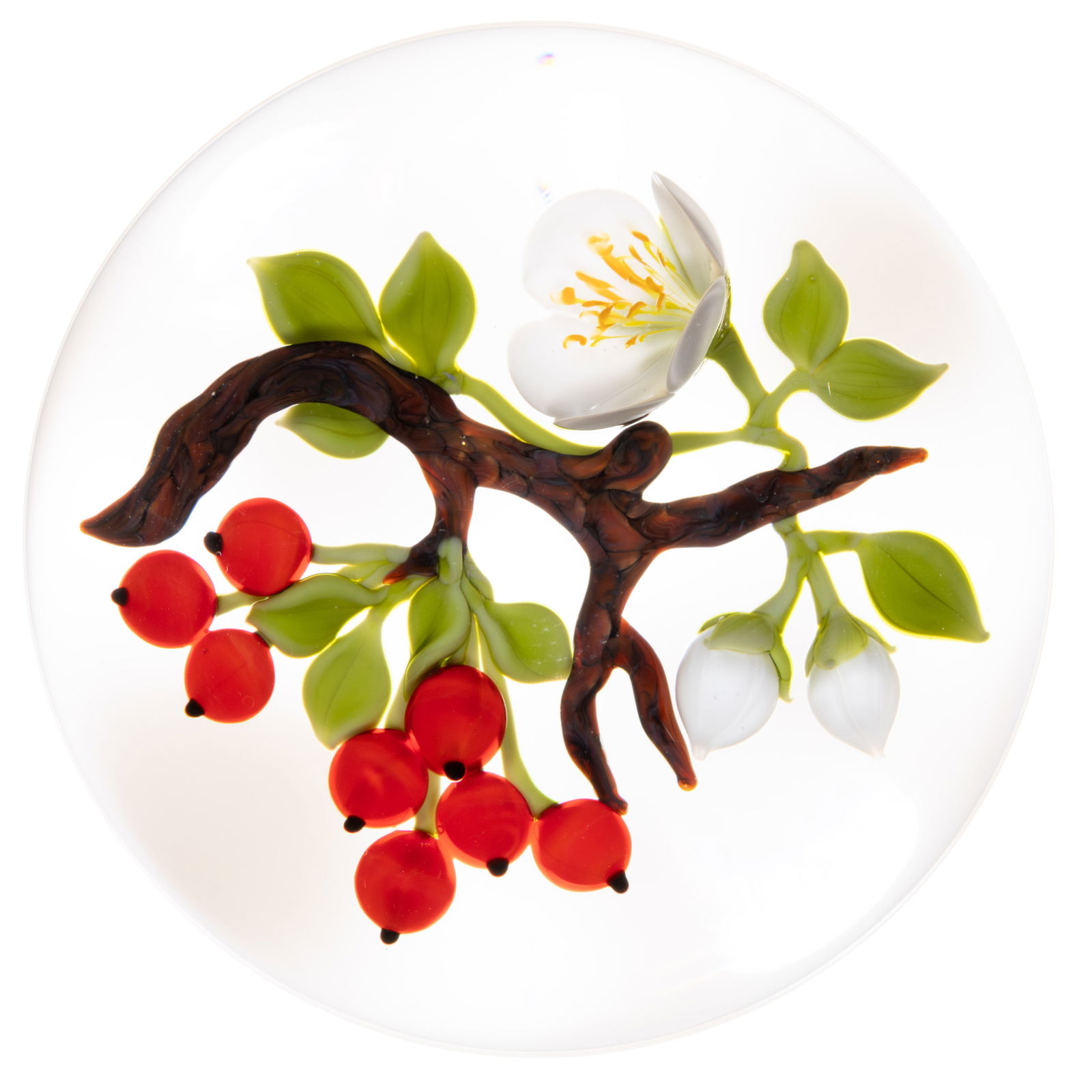 VICTOR TRABUCCO (AMERICAN, B. 1949) FLOWERING BERRY BRANCH LAMPWORK STUDIO ART GLASS PAPERWEIGHT: VICTOR TRABUCCO (AMERICAN, B. 1949) FLOWERING BERRY BRANCH LAMPWORK STUDIO ART GLASS PAPERWEIGHT, mottled brown branch supporting a single white blossom and two matching buds, two clusters of red berr