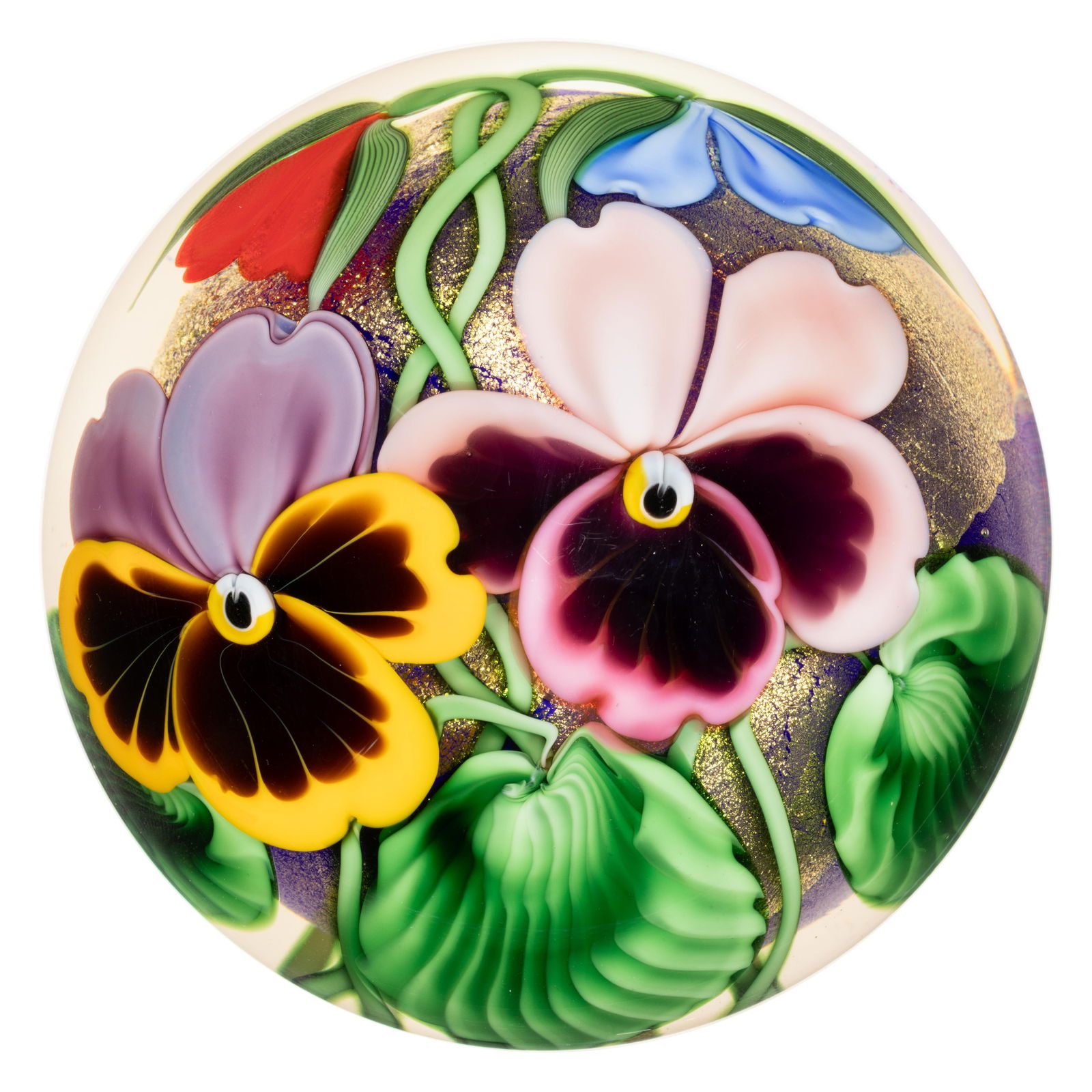 ED ALEXANDER (AMERICAN, ?-2010) PANSIES LAMPWORK STUDIO ART GLASS MAGNUM PAPERWEIGHT (1 of 2)