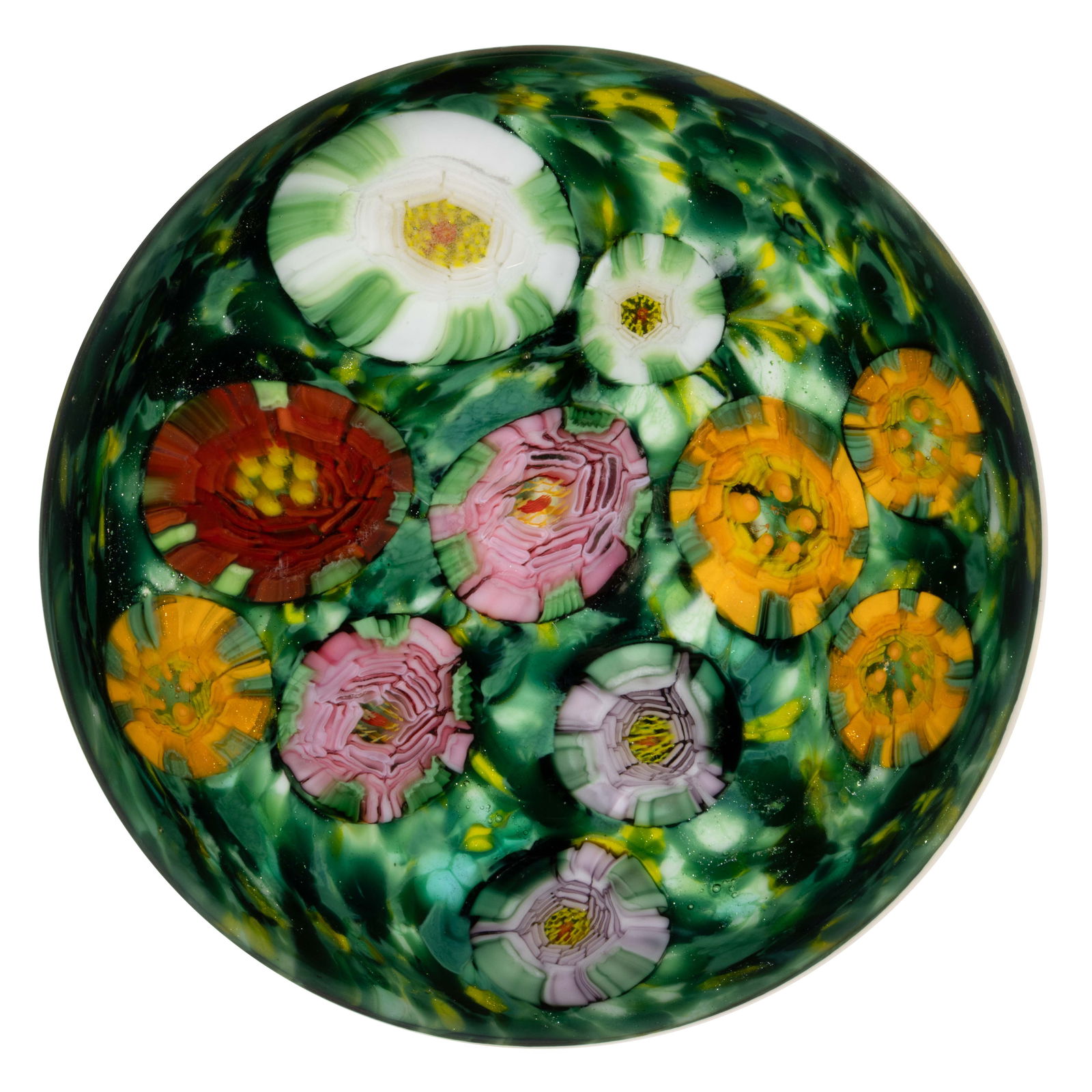 STEVEN LUNDBERG (AMERICAN, 1953-2008) MILLEFIORI ROSES STUDIO ART GLASS PAPERWEIGHT (1 of 2)