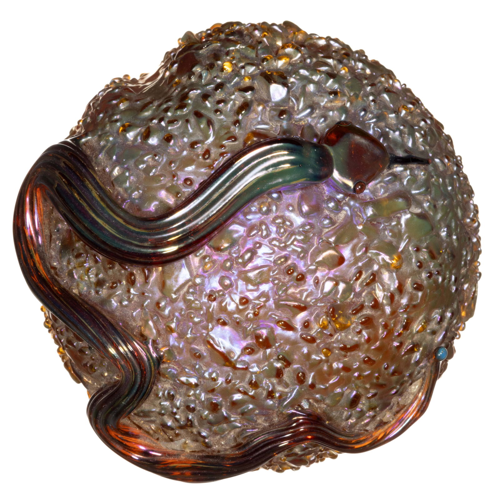 ORIENT AND FLUME APPLIED SNAKE IRIDESCENT STUDIO ART GLASS PAPERWEIGHT: ORIENT AND FLUME APPLIED SNAKE IRIDESCENT STUDIO ART GLASS PAPERWEIGHT, amber iridescent exterior with a crackled surface, applied snake curling around the dome, signed to the underside, "Orient