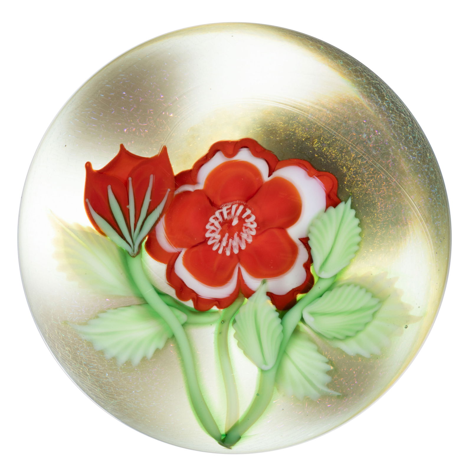 GREG HELD (AMERICAN, 1951-1999) PRIMROSE LAMPWORK STUDIO ART GLASS PAPERWEIGHT: GREG HELD (AMERICAN, 1951-1999) PRIMROSE LAMPWORK STUDIO ART GLASS PAPERWEIGHT, compound example, with a central red and white primrose to the background with a matching red bloom to the foreground, t