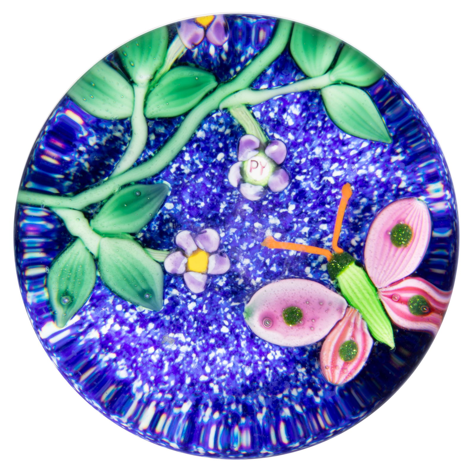 PAUL YSART (SCOTTISH, 1904-1991) BUTTERFLY AND FLOWERS LAMPWORK STUDIO ART GLASS FOOTED PAPERWEIGHT: PAUL YSART (SCOTTISH, 1904-1991) BUTTERFLY AND FLOWERS LAMPWORK STUDIO ART GLASS FOOTED PAPERWEIGHT, green butterfly with pink wings with green spots flying toward a green stem supporting three p