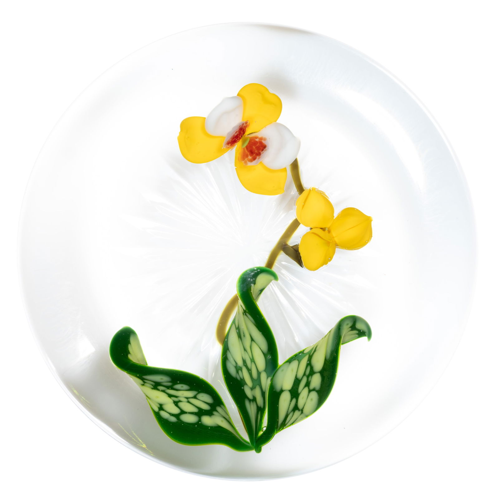GORDON SMITH (AMERICAN, B. 1959) FLOWER BLOSSOM LAMPWORK STUDIO ART GLASS PAPERWEIGHT: GORDON SMITH (AMERICAN, B. 1959) FLOWER BLOSSOM LAMPWORK STUDIO ART GLASS PAPERWEIGHT, yellow and white flower with three lower yellow buds, raised on an olive green stem, three dark green leaves with