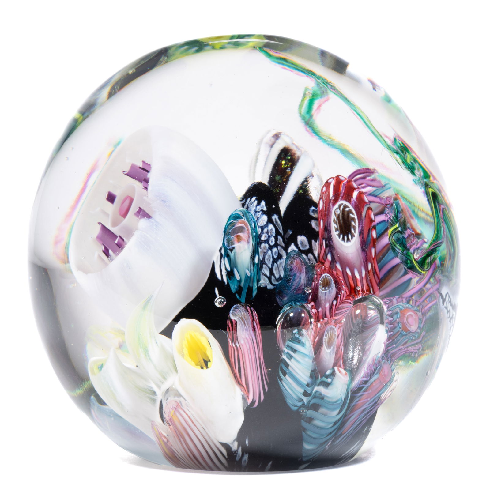 MARK ECKSTRAND (AMERICAN, B. 1962) AQUARIUM CORAL REEF MILLEFIORI STUDIO ART GLASS PAPERWEIGHT (1 of 2)
