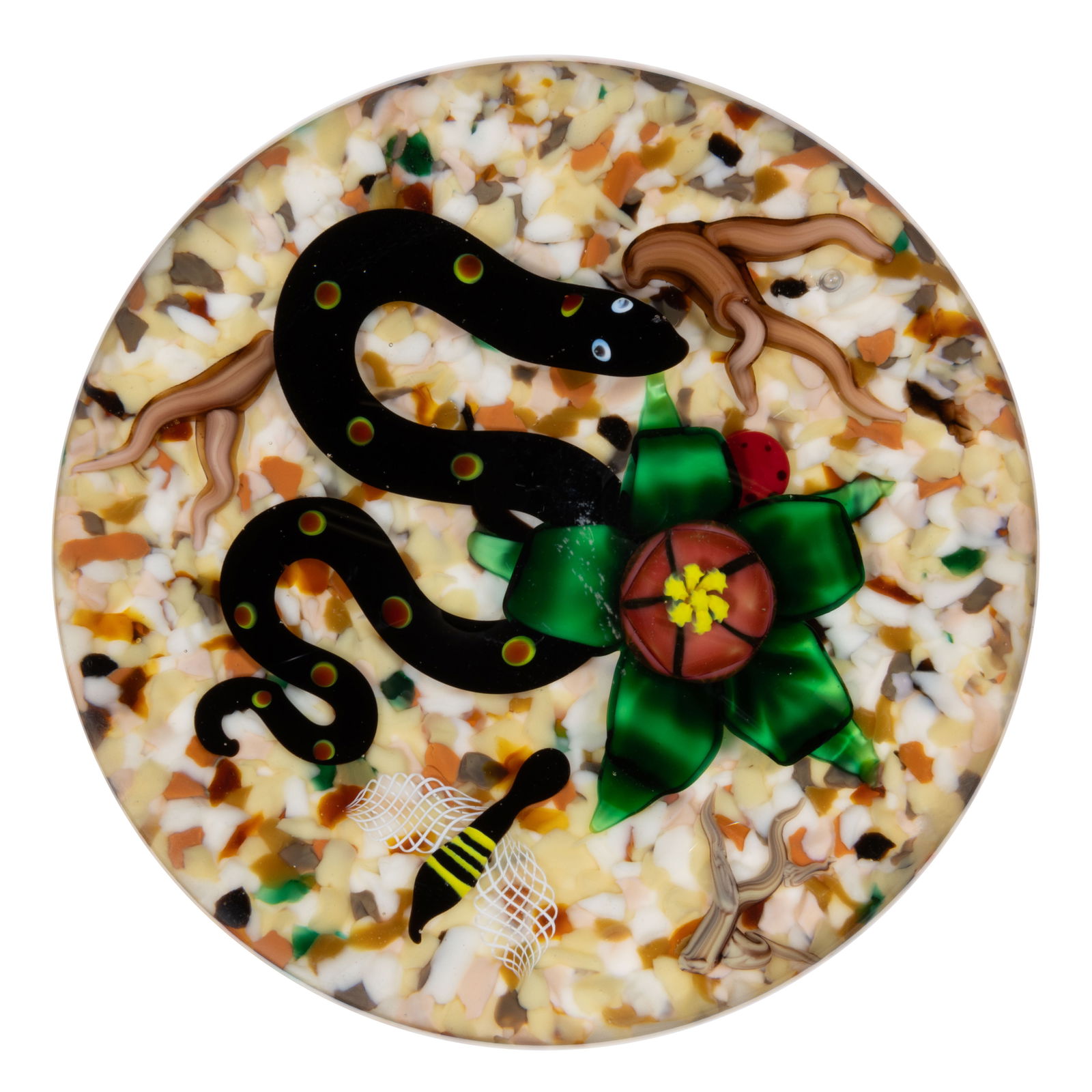 BOB BANFORD (AMERICAN, B. 1951) SNAKE, BEE, AND FLOWER LAMPWORK STUDIO ART GLASS PAPERWEIGHT: BOB BANFORD (AMERICAN, B. 1951) SNAKE, BEE, AND FLOWER LAMPWORK STUDIO ART GLASS PAPERWEIGHT, curling black snake with yellow and red spots down its back, adjacent to a single pink flower with five ar