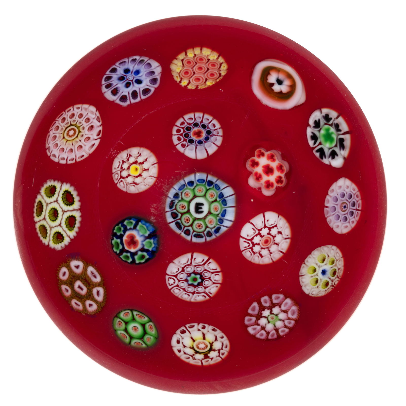 DREW EBELHARE (AMERICAN, B. 1950) SPACED CONCENTRIC MILLEFIORI STUDIO ART GLASS PAPERWEIGHT (1 of 2)