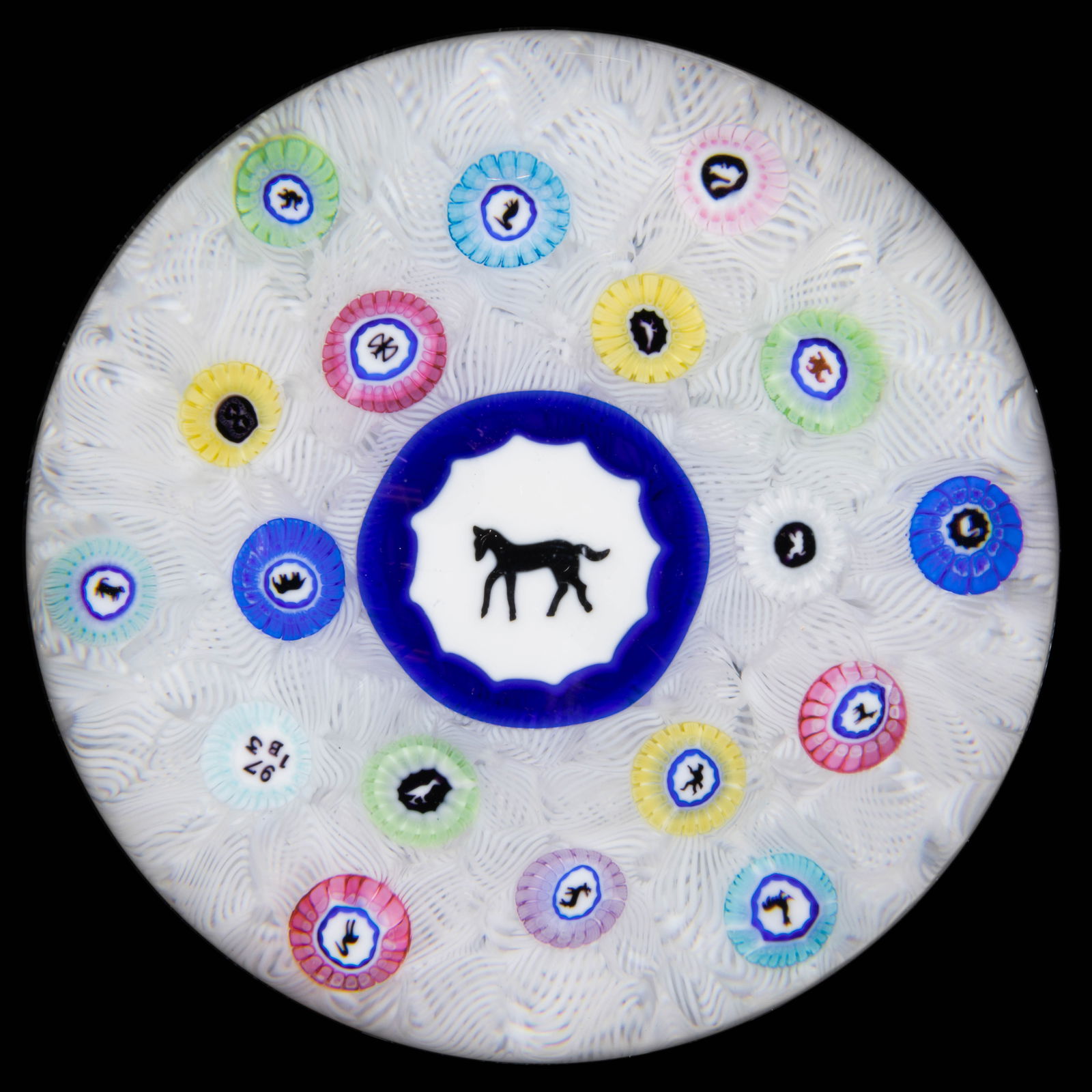 VINTAGE BACCARAT HORSE GRIDEL SILHOUETTE AND MILLEFIORI ART GLASS PAPERWEIGHT (1 of 2)