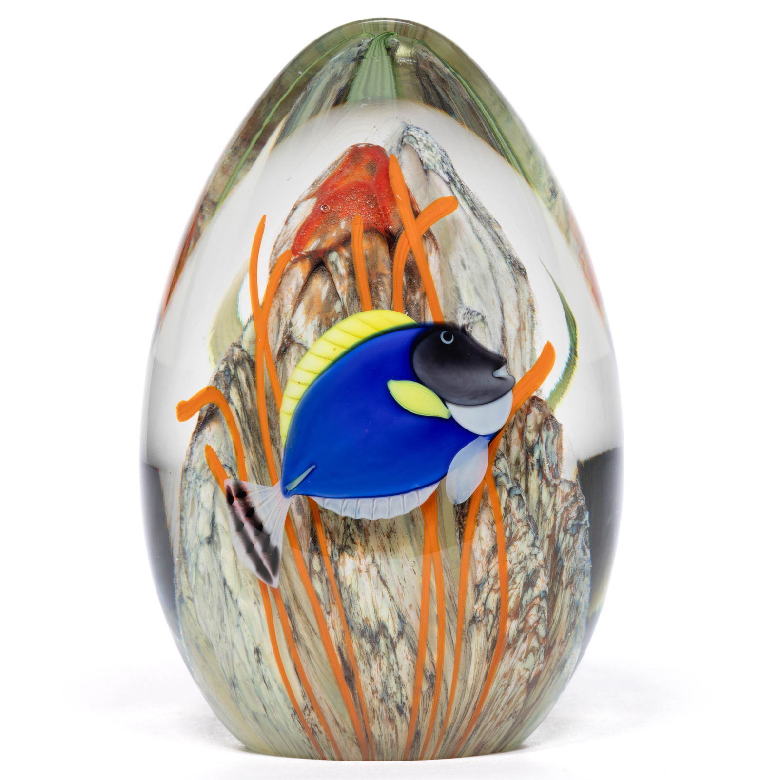 BRUCE SILLARS (AMERICAN, B. 1951) TANG FISH LAMPWORK STUDIO ART GLASS EGG FORM PAPERWEIGHT (1 of 2)