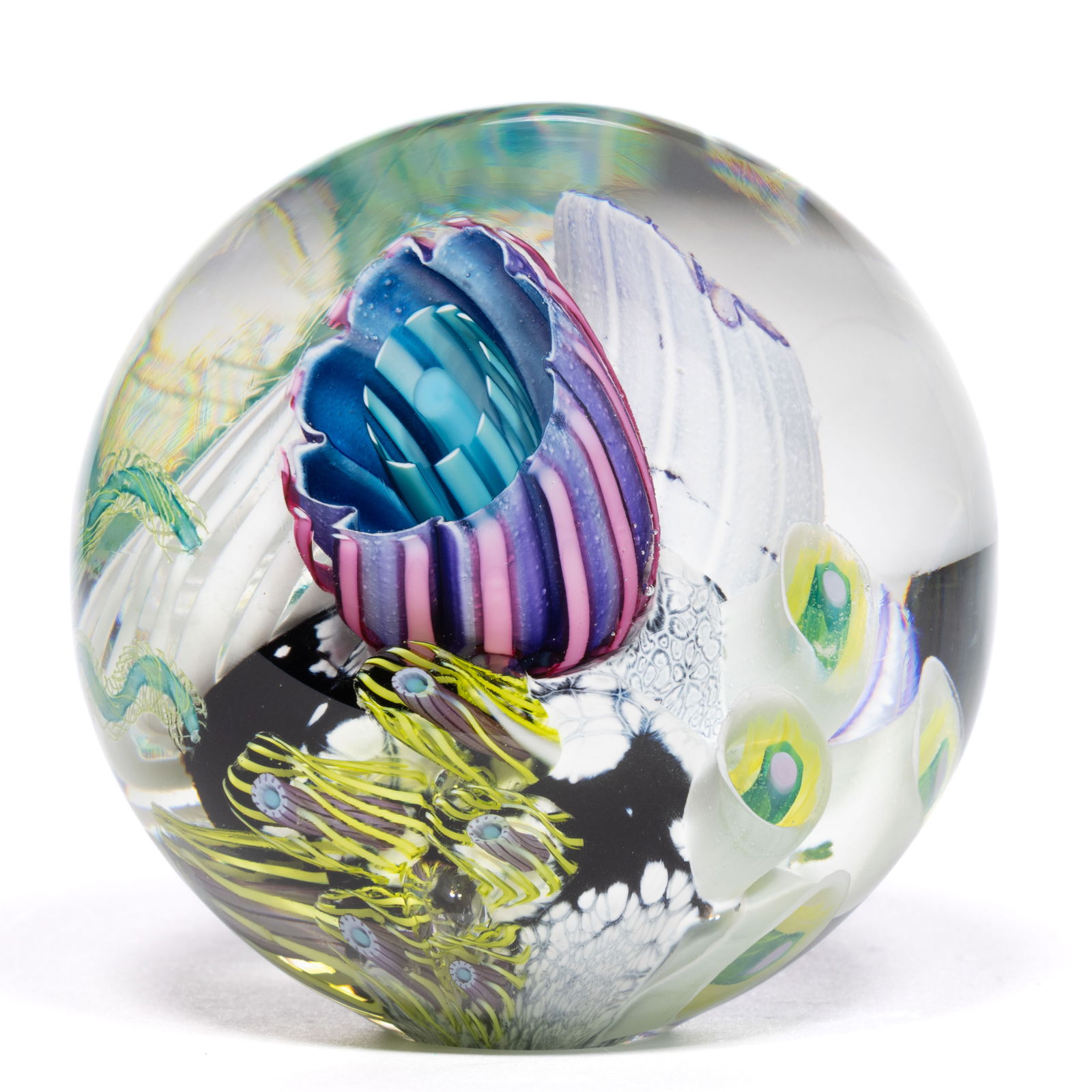 MARK ECKSTRAND (AMERICAN, B. 1962) AQUARIUM CORAL REEF MILLEFIORI STUDIO ART GLASS PAPERWEIGHT (1 of 2)