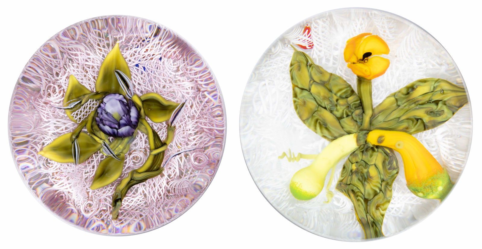 JAMES HART (AMERICAN, XX/XXI) FLORAL LAMPWORK STUDIO ART GLASS PAPERWEIGHTS, LOT OF TWO (1 of 4)