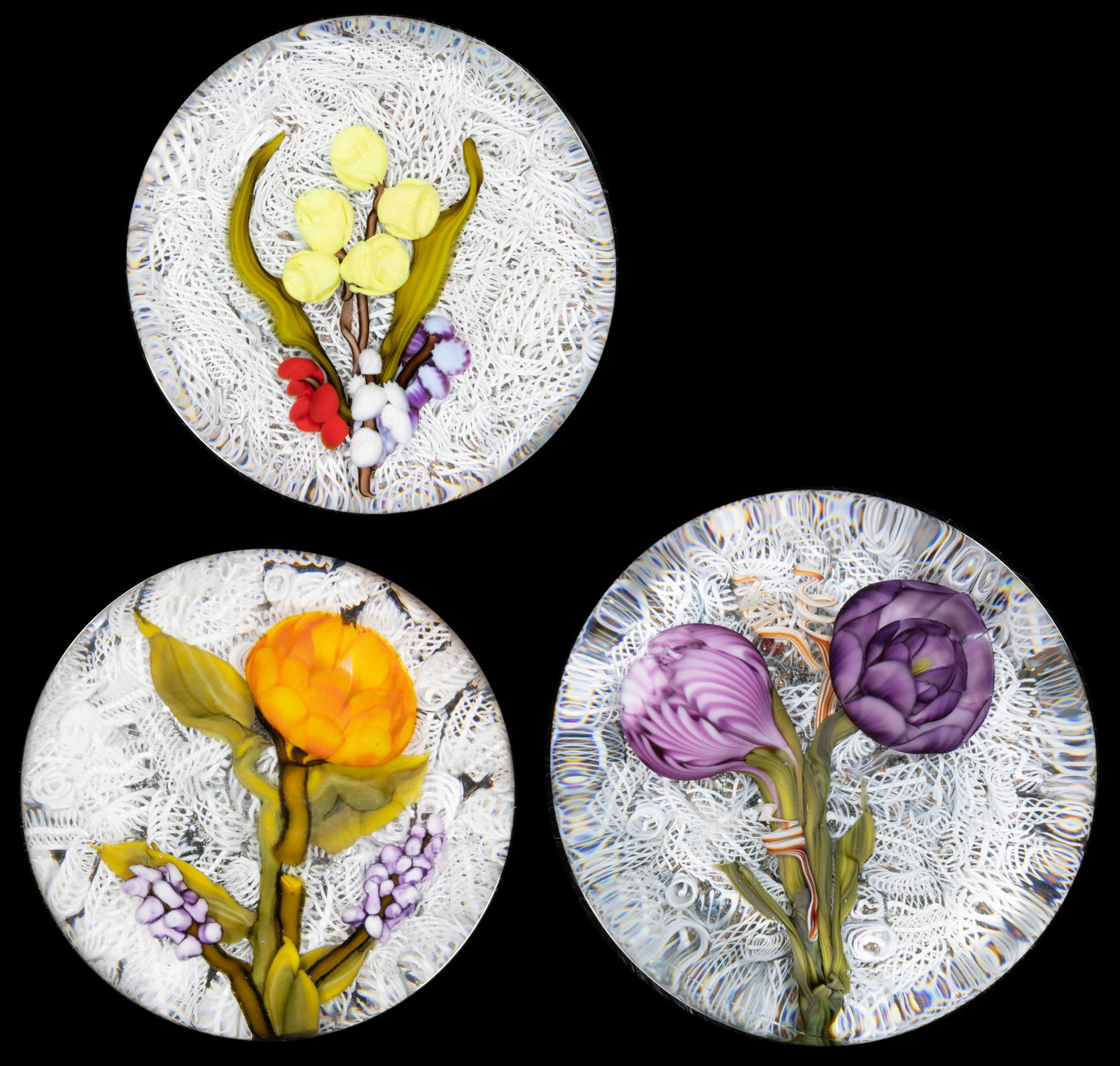 JAMES HART (AMERICAN, XX/XXI) FLORAL BOUQUET LAMPWORK STUDIO ART GLASS PAPERWEIGHTS, LOT OF THREE (1 of 4)