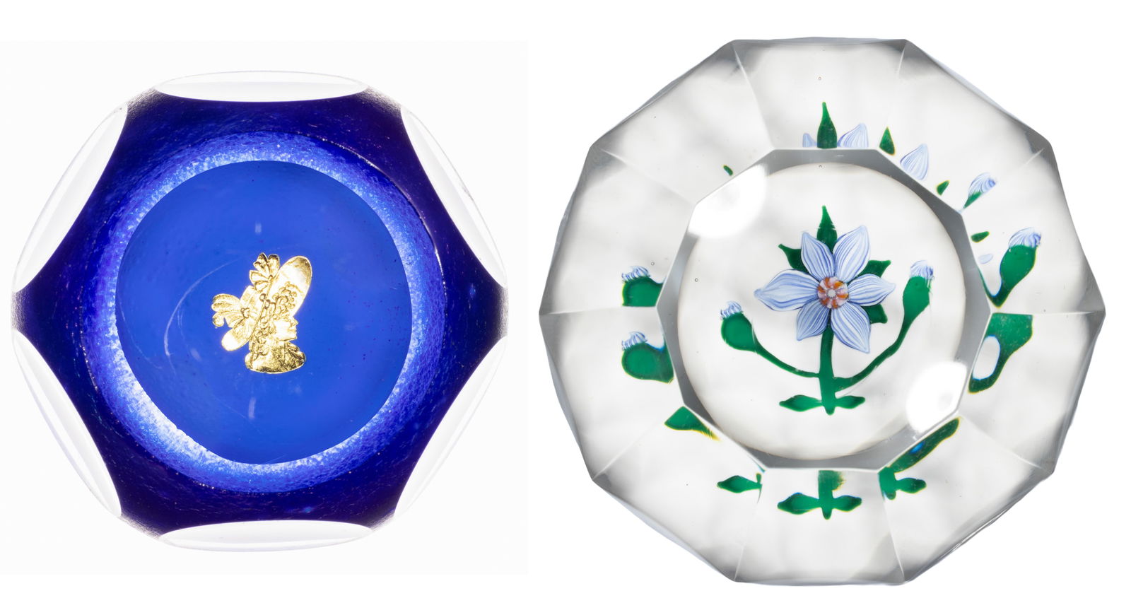 JOHN GOODERHAM (CANADIAN, 1930-2007) STUDIO ART GLASS PAPERWEIGHTS, LOT OF TWO: JOHN GOODERHAM (CANADIAN, 1930-2007) STUDIO ART GLASS PAPERWEIGHTS, LOT OF TWO, comprising a blue iridescent cut-faceted example with the interior featuring a gold-foil Lady in a Hat resting on an opa