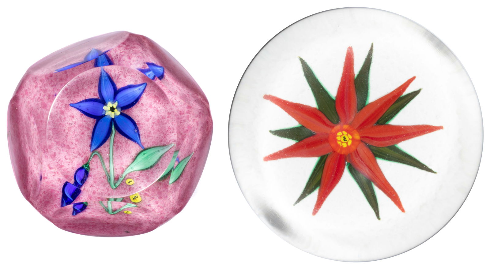 FRANCIS WHITTEMORE (AMERICAN 1921-2020) FLORAL LAMPWORK STUDIO ART GLASS PAPERWEIGHTS, LOT OF TWO (1 of 4)