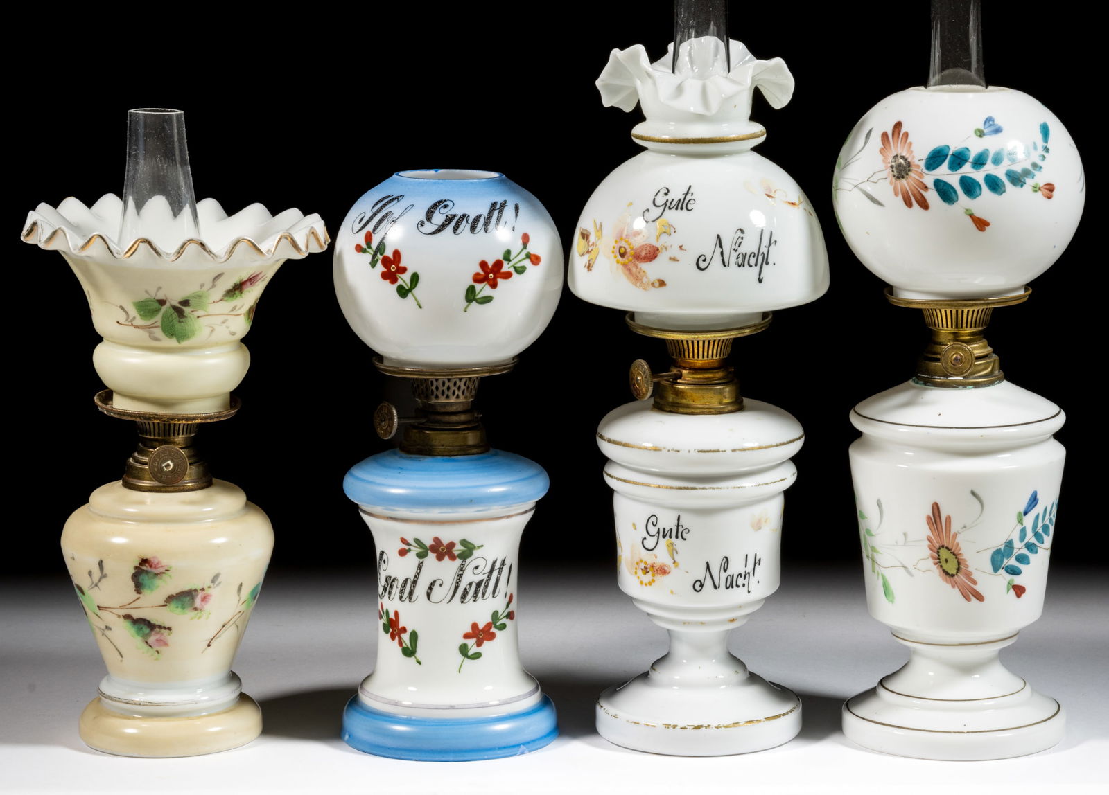 ASSORTED PATTERNED AND DECORATED OPAQUE GLASS MINIATURE LAMPS, LOT OF FOUR (1 of 1)