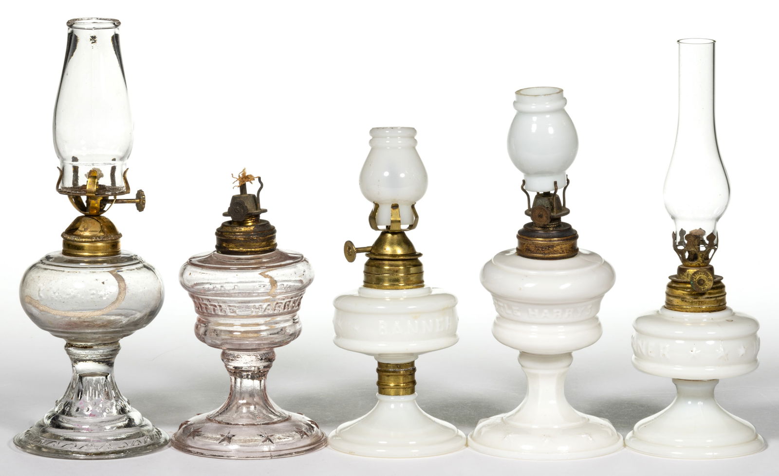 ASSORTED PATTERNED AND NAME EMBOSSED MINIATURE STAND LAMPS, LOT OF FIVE (1 of 1)