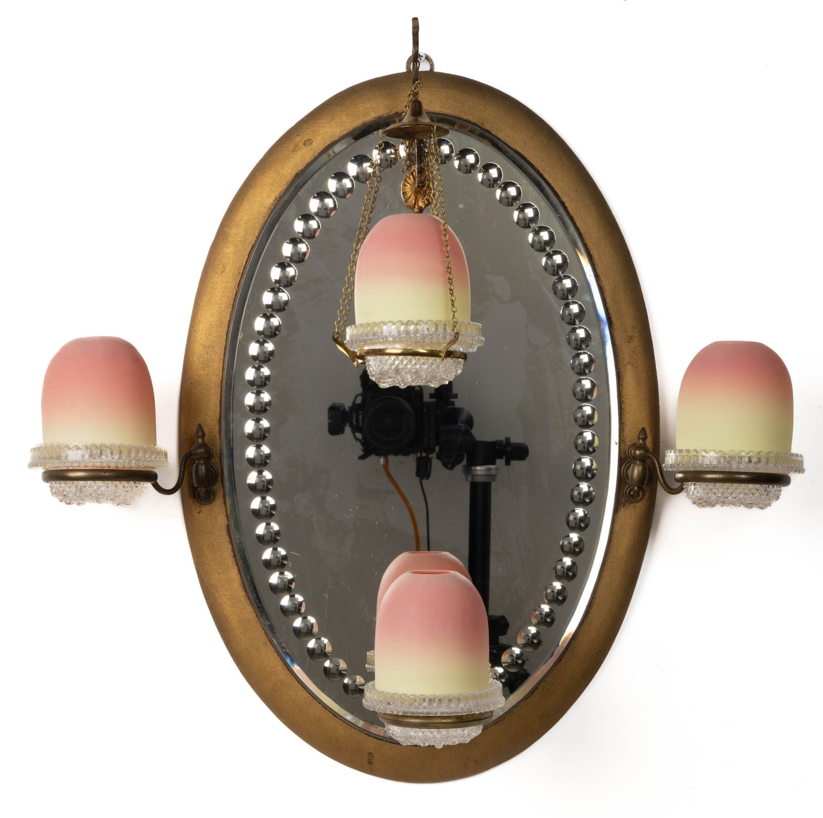 THOMAS WEBB BURMESE FAIRY LAMPS ON A MIRRORED WALL-MOUNT SCONCE: THOMAS WEBB BURMESE FAIRY LAMPS ON A MIRRORED WALL-MOUNT SCONCE, plush finish, four fairy-size domes, multi-part construction comprising each dome fitted on a colorless Clarke's diamond-point patterne